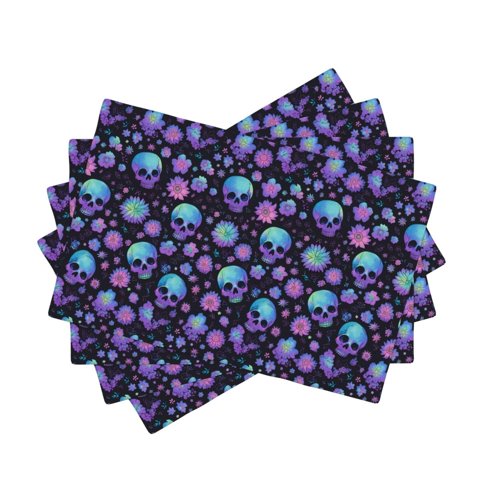 Set de table tête de mort et fleurs violettes en lin 30x45 cm - Lot de 4