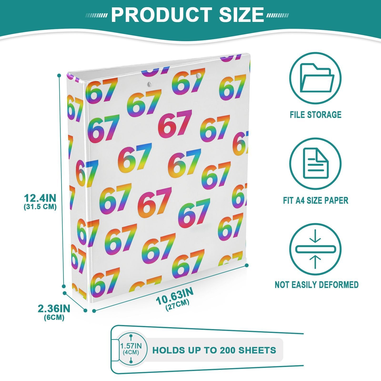 Kcldeci Raccoglitore a 3 anelli con copertina rigida per carta formato lettera, arcobaleno 67 su anelli rotondi bianchi da 3,8 cm, organizer per scuola/ufficio, confezione da 2