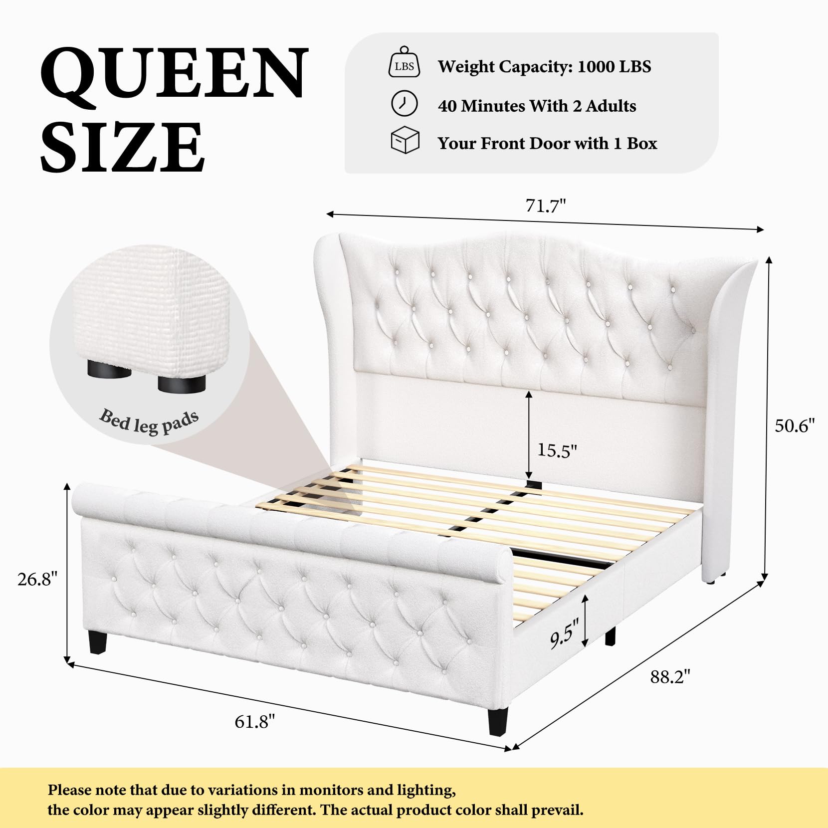 koorlian Queen Size Bed Frame,Upholstered Platform Chenille Sleigh Bed,51" Scroll Wingback Tall Headboard Footboard,Deep Button Tufted,Easily Assemble,Wood Slats Support,No Box Spring Required-Cream