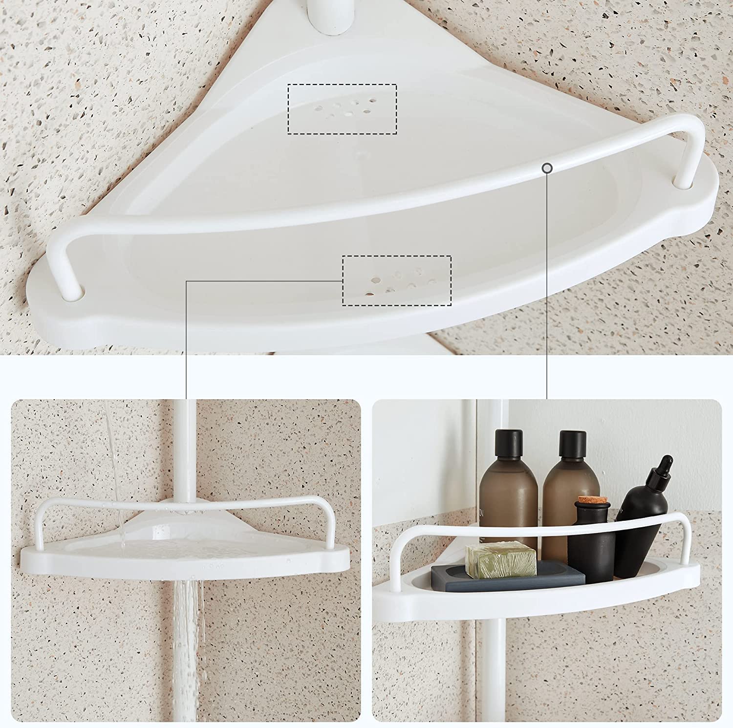 SONGMICS Mensola Doccia Telescopica e Regolabile, 4 Ripiani, Scaffale Angolare Bagno, Altezza 85-305 cm, Bianco BCB001A