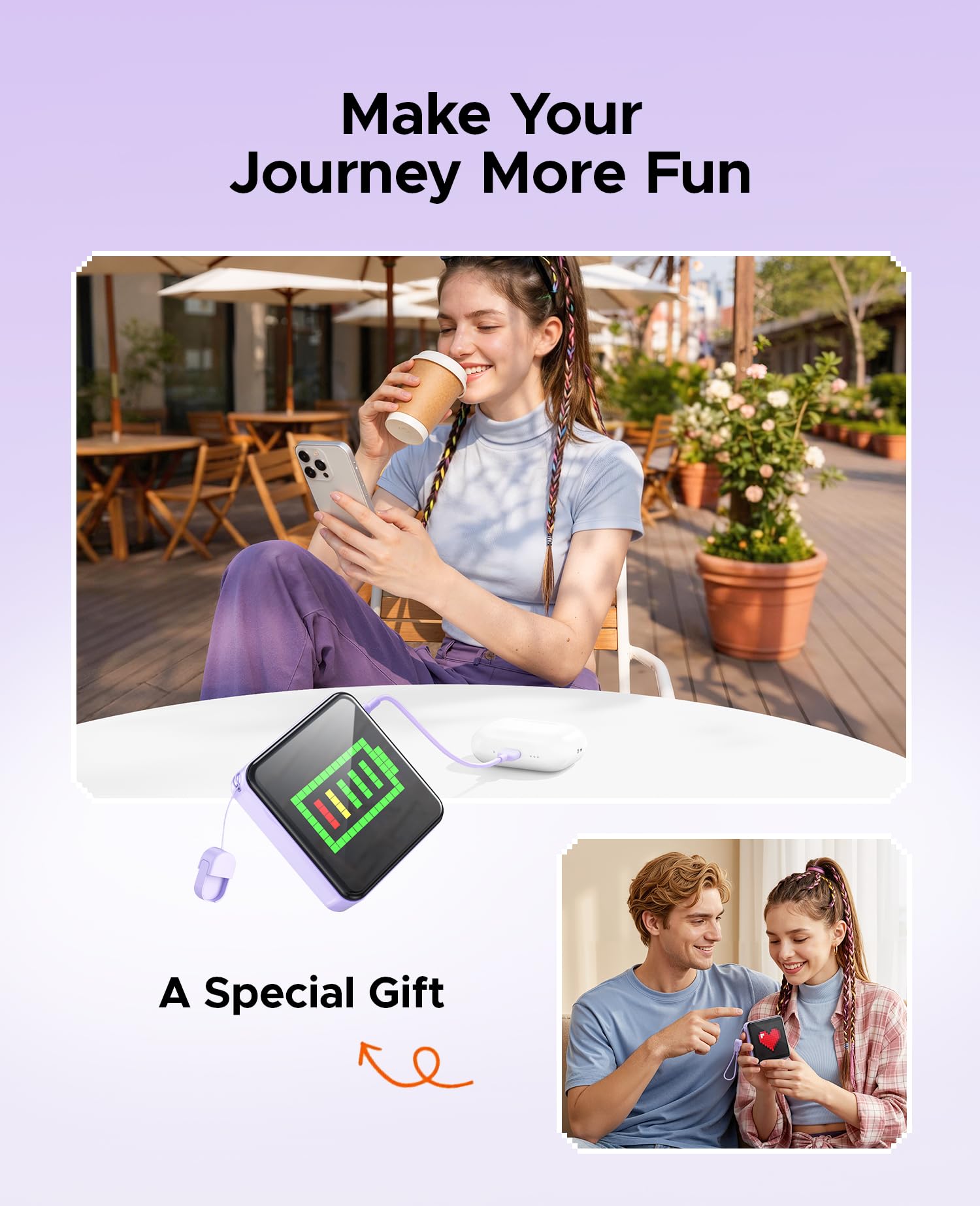 ORICO PixCharge Power Bank Pixel LED, 5000mAh con USB C Cavo, Blu | 256 Pixel LED, animazioni fai-da-te, controllo via App, Sicuro in Aereo, Essenziale da Viaggio, compatto e leggero (132g)