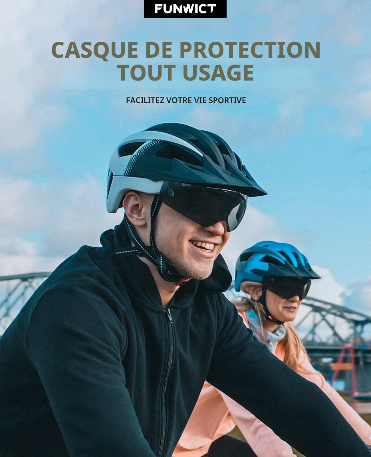 Casque Velo Homme Femme avec Visiere et Lunettes, Casque Vélo Casques VTT avec Feu Arrière à LED Rechargeable, Casque Cyclisme pour Adulte et Adolescent (L: 57-61 cm, Noir et Rouge)