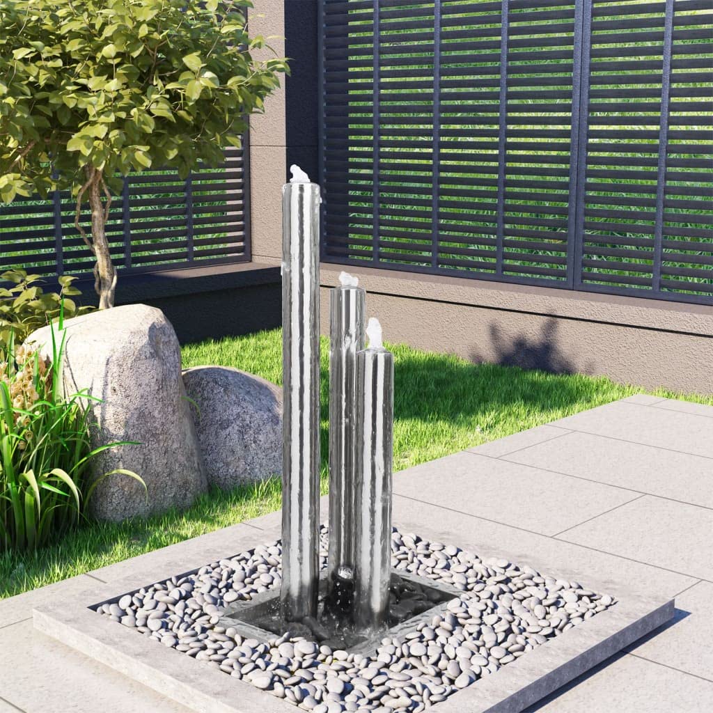 Mangloder Fontana da giardino argentata in acciaio inox, 48 x 34 x 88 cm, con illuminazione a LED, pompa e vasca da 50 l, gioco d'acqua con cascata, per giardino, terrazza, balcone, interni ed esterni