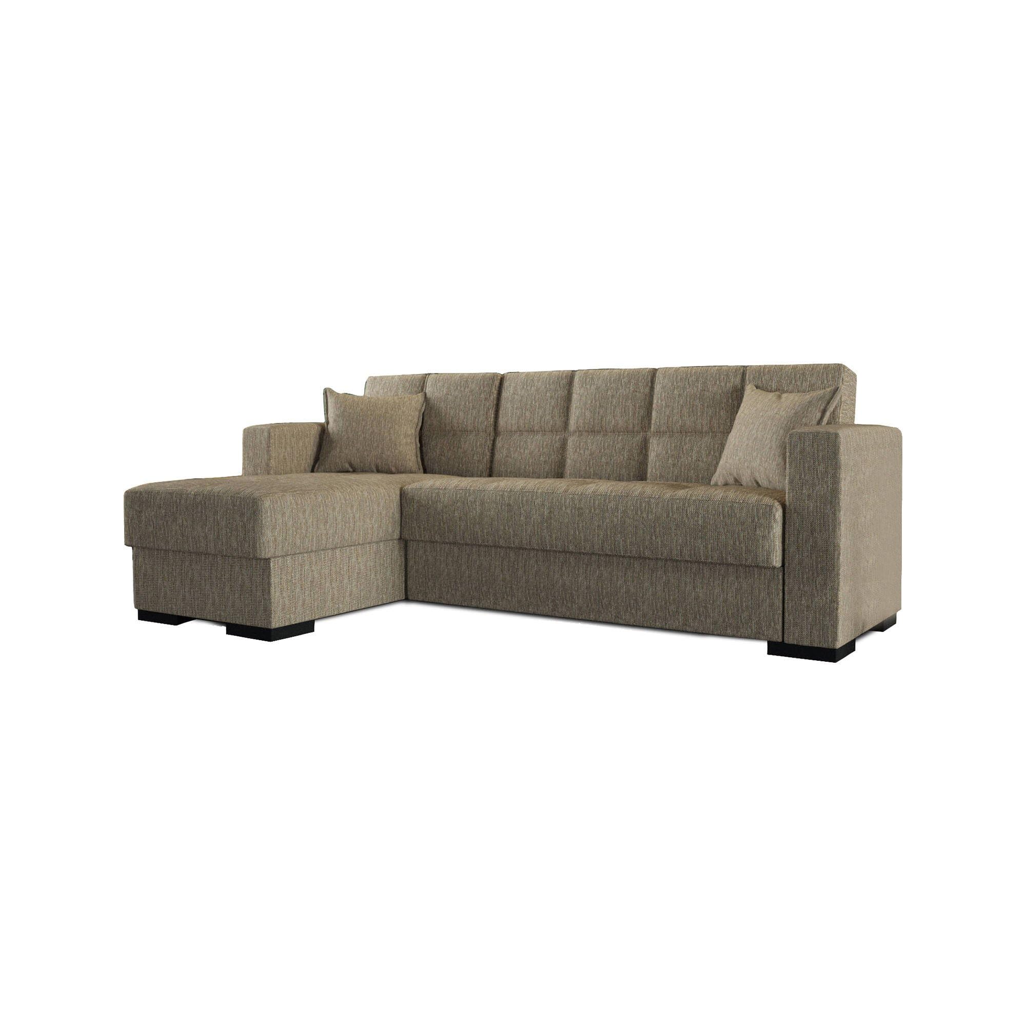 Dmora Divano Letto con penisola Fernando, Divano ad Angolo Reversibile, Sofà Contenitore da Soggiorno con Chaise Longue e 2 Cuscini, 230x150h81 cm, Beige