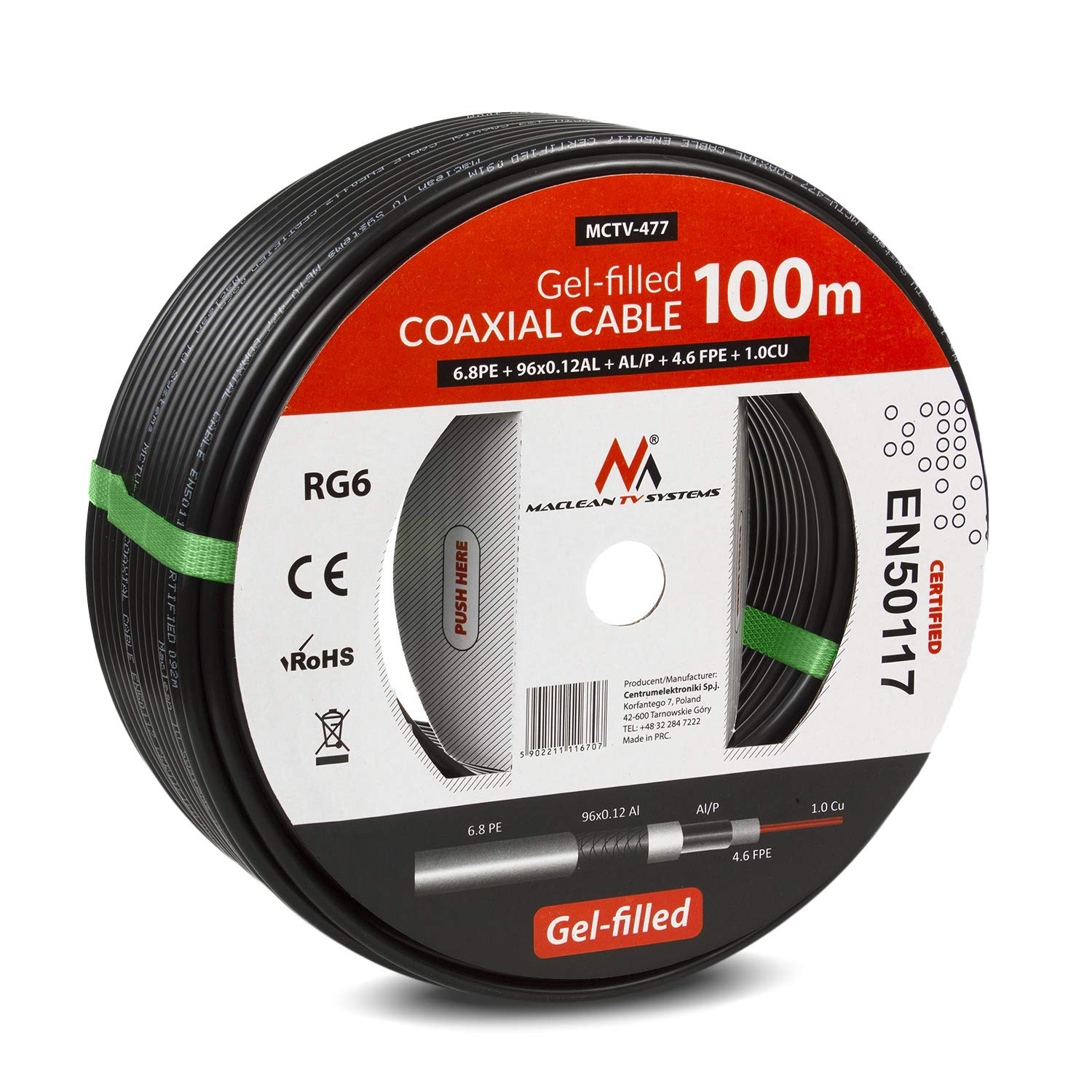 Maclean MCTV-477 Gel gefülltes Koaxialkabel RG6 1.0 Cu SAT AV Antenne Kabel (100m)