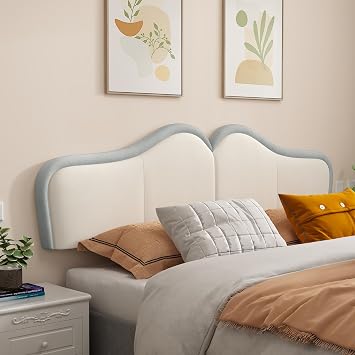 Queen Headboard,Upholstered Headboards Bed Head Board Modern Wave Shaped Velvet Wall Mount Bed Headboard for Stylish Bedroom DecorQueen,Beige+Light Blue
