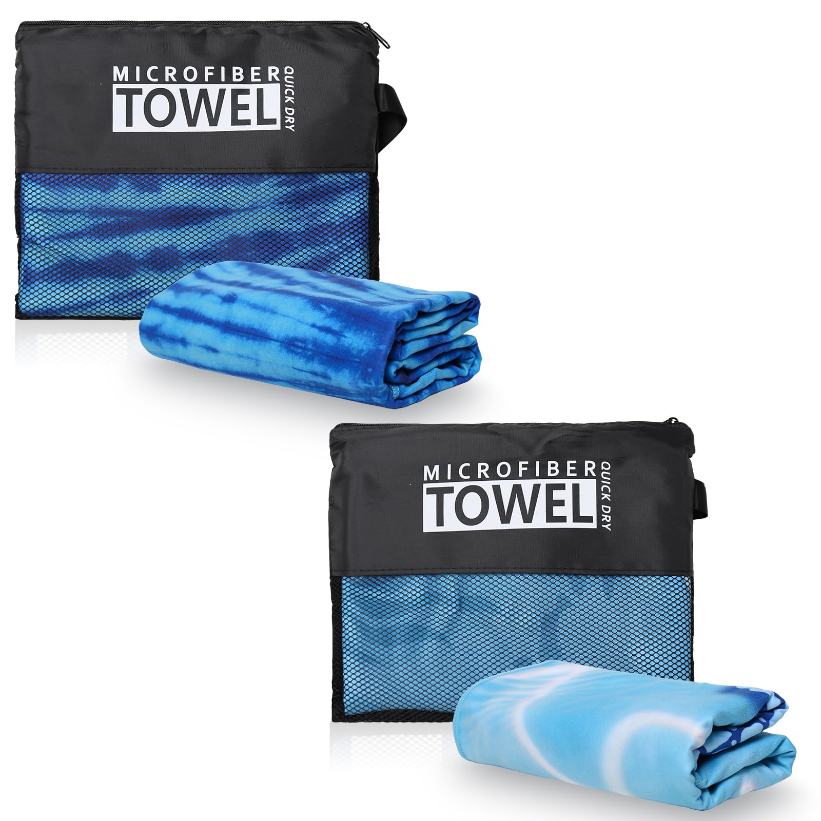 Microfibre Beach Towels for Adults Women Men Extra Large Lightweight Quick Dry Sand Free Travel Towel Double Sided Printing for Swim Sports with Mesh Bag 80×180cm Blue Tie Dye + A Turtle 2 Pack - Image 2
