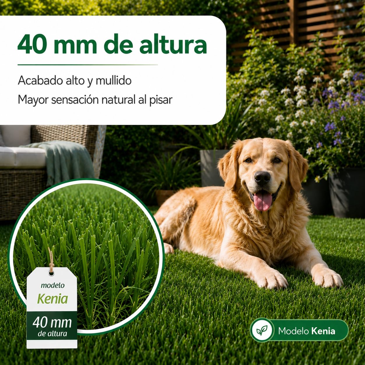 Césped Artificial KENIA 40 mm - Realismo, Durabilidad y Confort para Jardines y Terrazas - 14.700 DTEX - Drenaje de 800 l/h/m² - Rollo 2x5 Metros