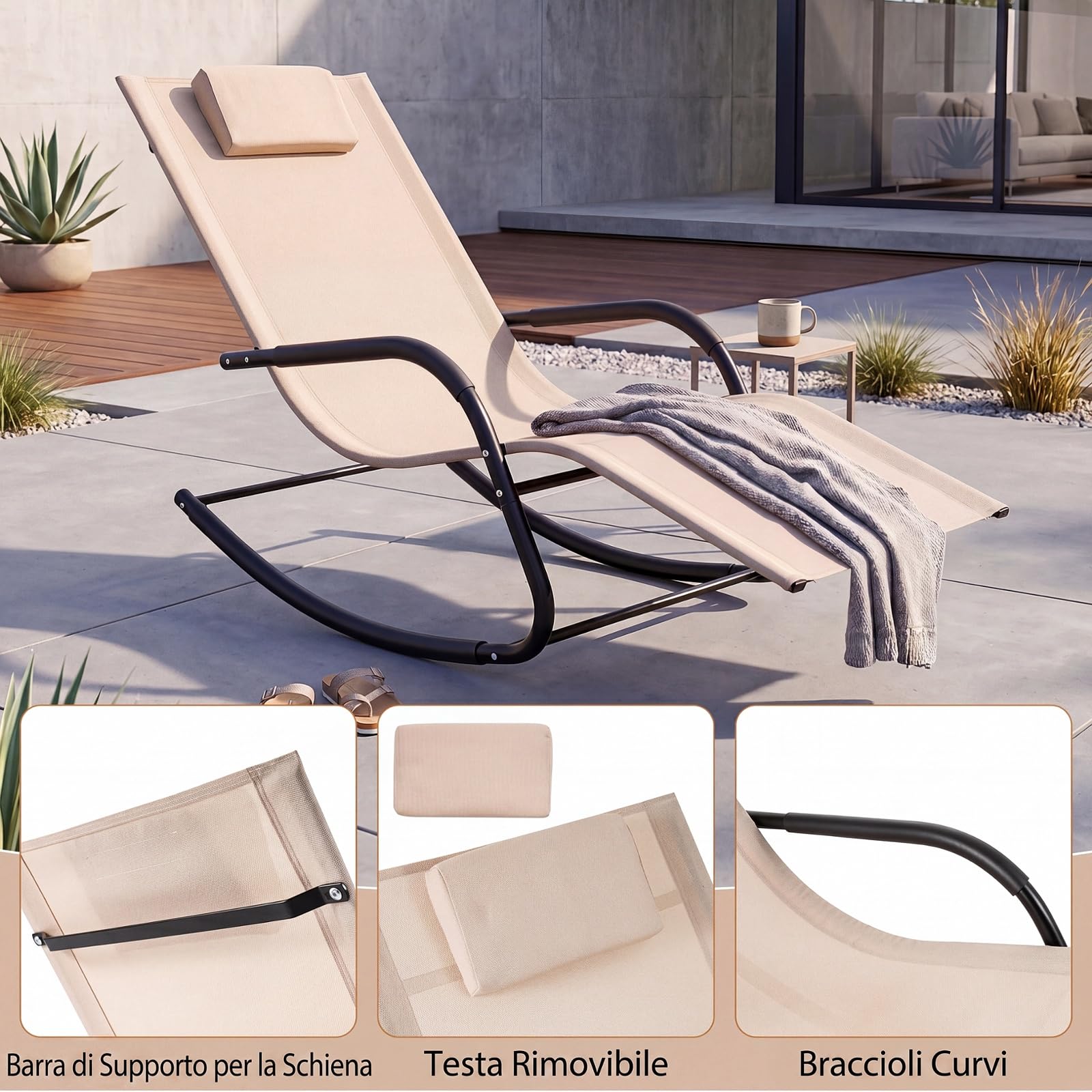 COSTWAY Lettino Prendisole a Dondolo, Poggiatesta Rimovibile (Beige)