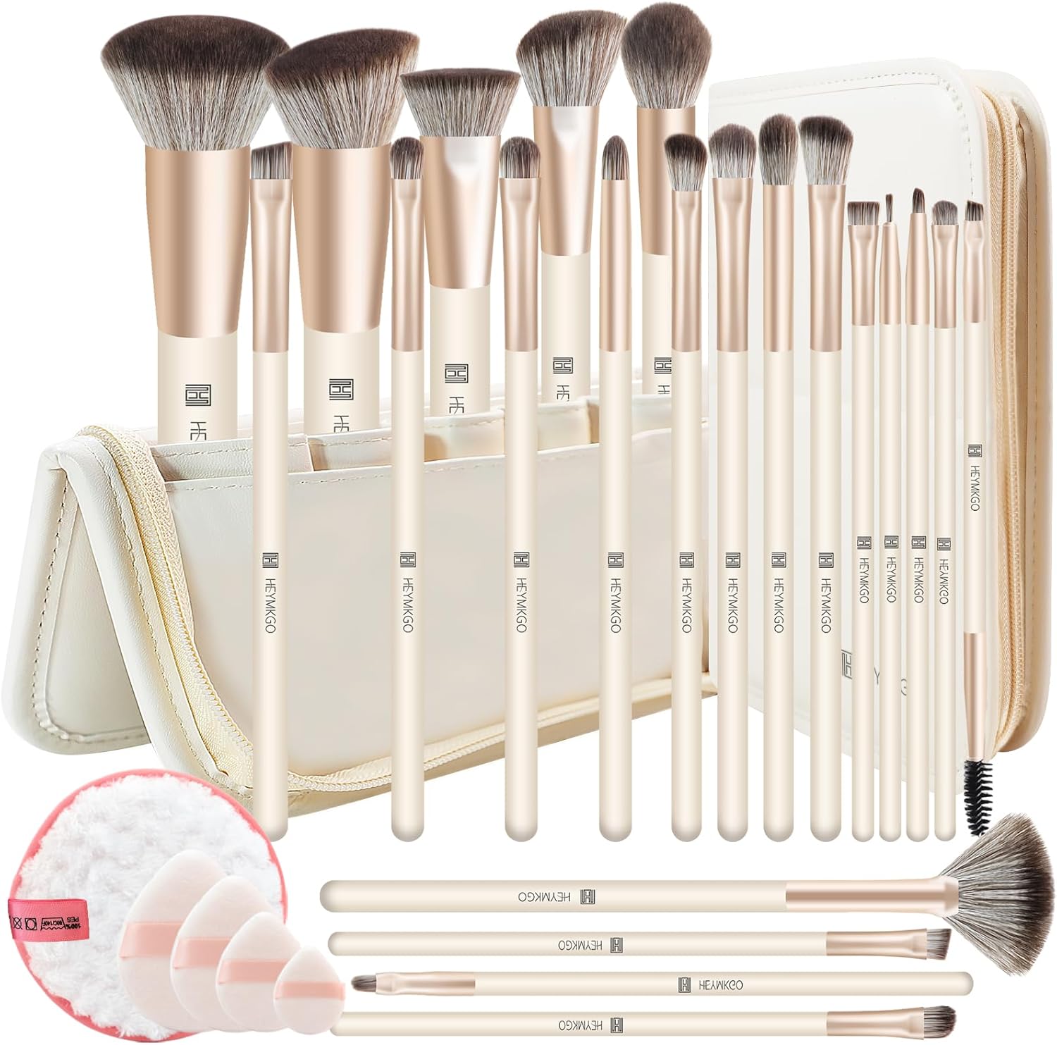 HEYMKGO Make-upborstelset professionele premium synthetische foundation poeder blush blending gezichtsborstel oogschaduw eyeliner make-up borstel kit 22 stuks + 4 make-up soesjes + schone spons +