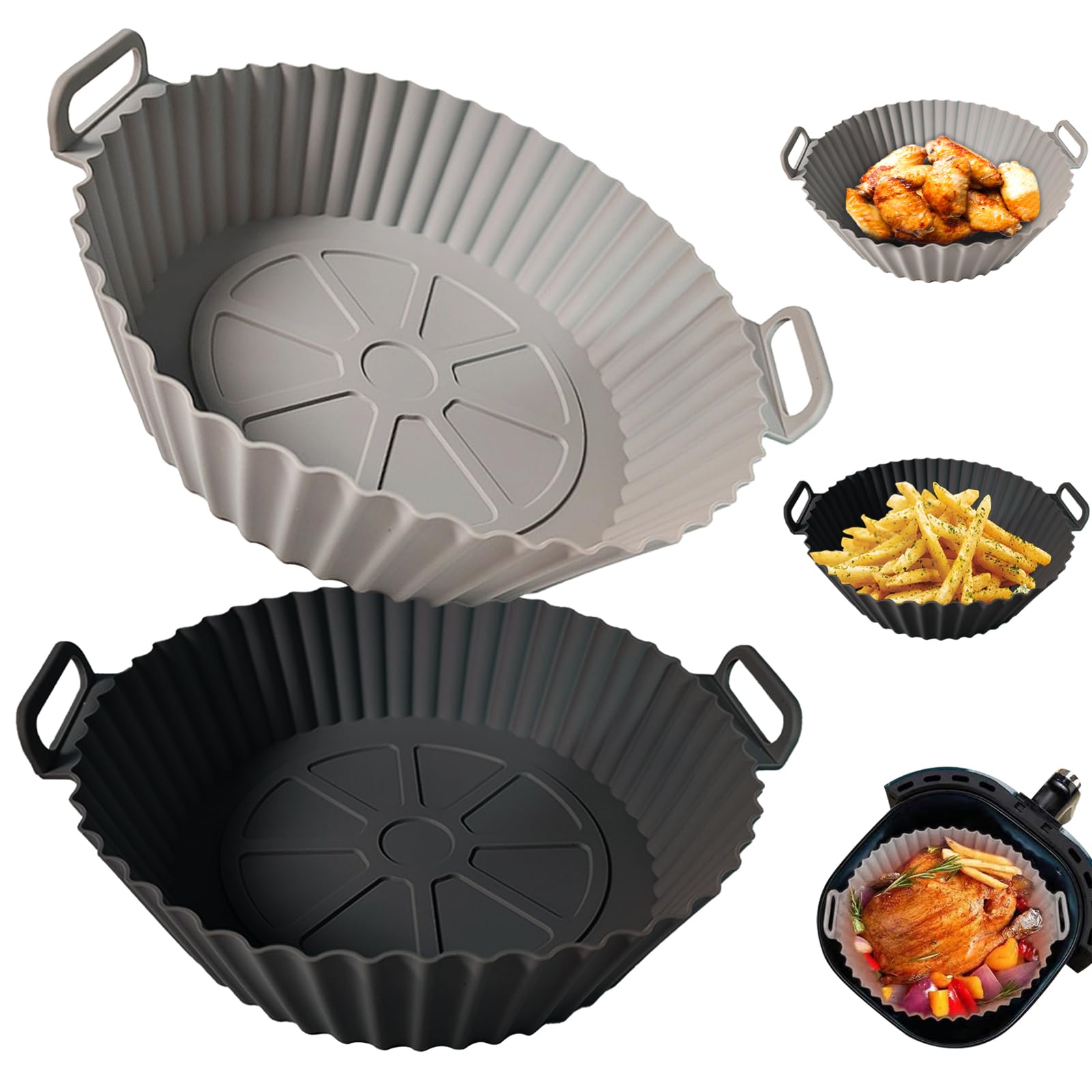 Kookkit 2 Pack Silicone Air Fryer Liners for 3-5 QT, Reusable Oven Microwave Accessories, Better Than Disposable Paper (Gray & Black, 7.87*6.69*1.97 Inches)