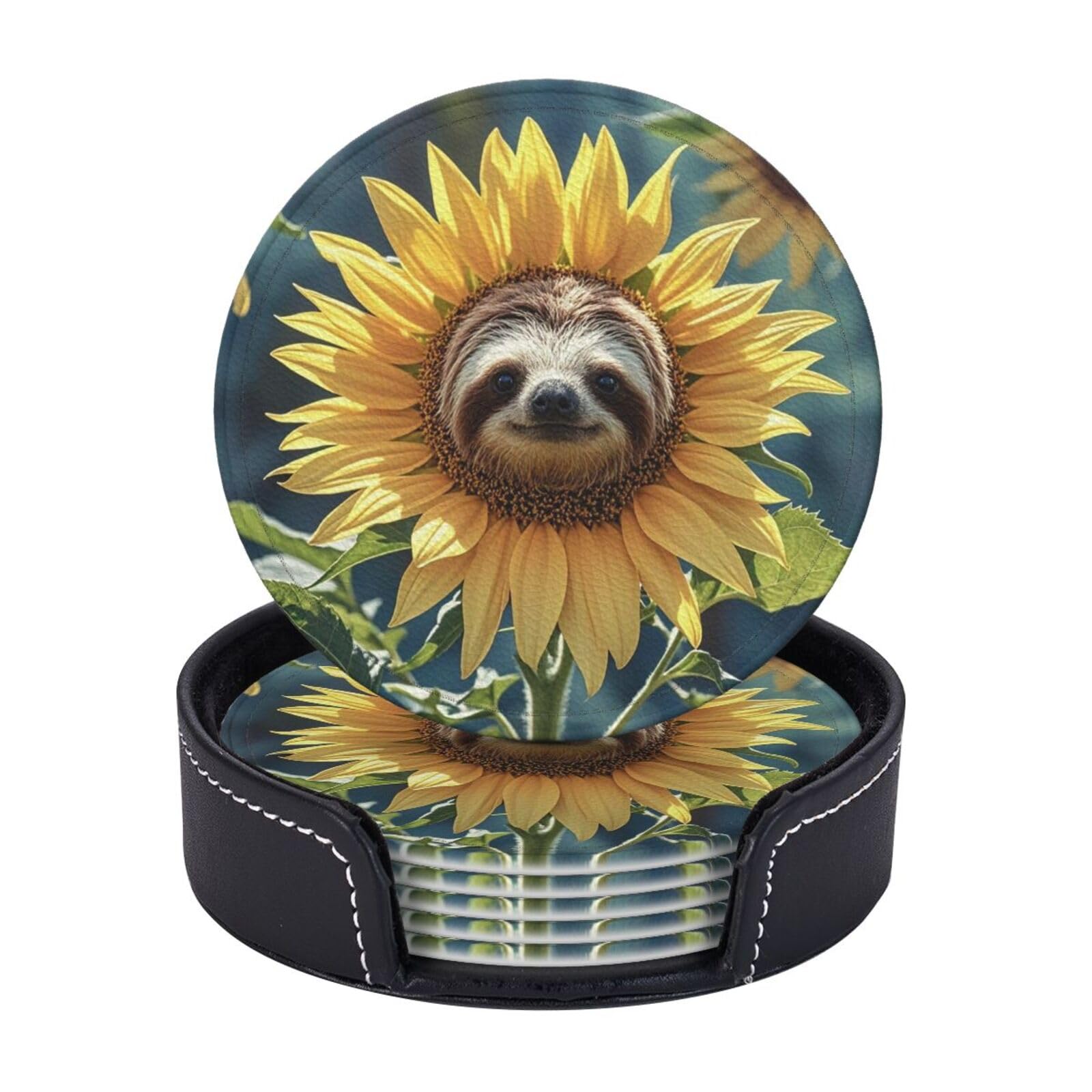 Drink Coasters Set of 6 Coffee Leather Coaster with Holder Sloth Sunflower Coasters for Drinks Coffee Cup Mat Heat Resistant Tabletop Protection Coaster Desk Accessorie Home Decorative