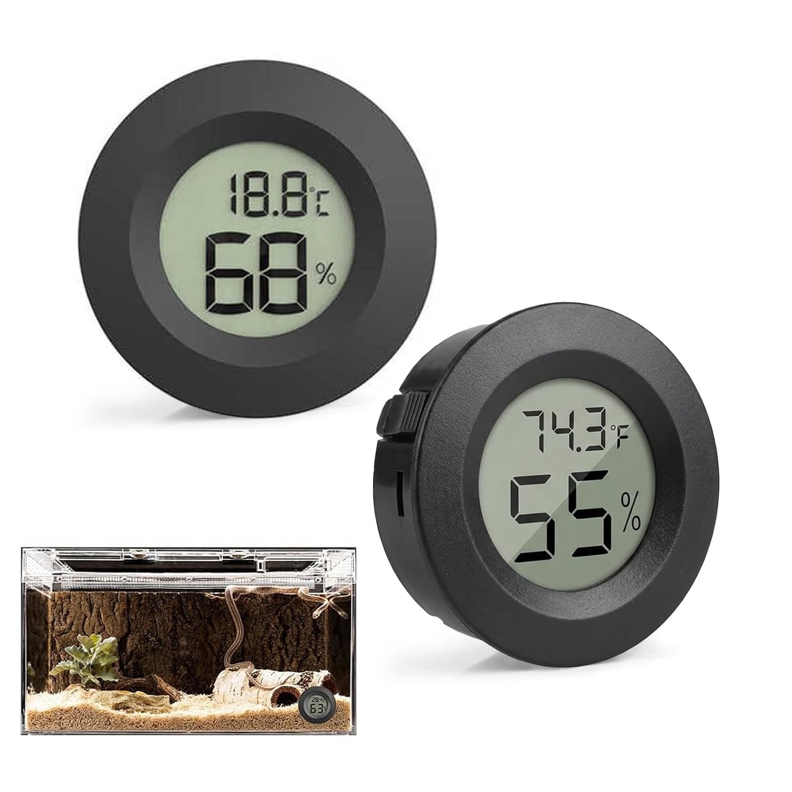 2 Pcs Round Reptile Thermometer Hygrometer, Digital Hygrometer Thermometer, with °C/°F Switch, LCD Digital Round Reptile Temperature Humidity Monitor, for Reptile Tanks, Bearded Dragon, Incubators
