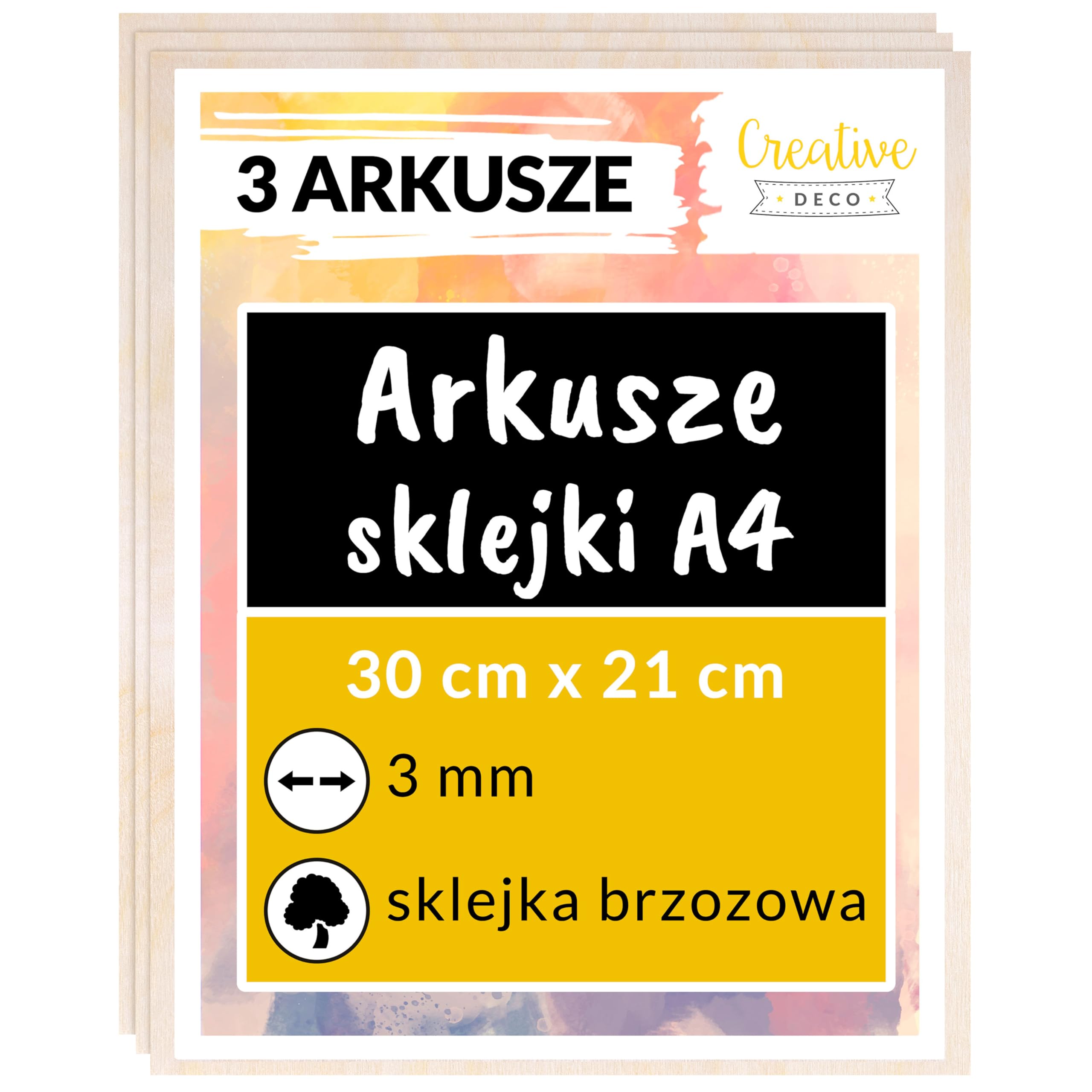 Creative Deco 3 x A4 Sklejka 3mm | 300 x 210 x 3 mm (+/- 2mm) | Płyty ze Sklejki do Majsterkowania i Prac Manualnych Pirografii, Cięcia Laserem, Modelarstwa, Frezowania, Ploter CNC, Wyrzynarka
