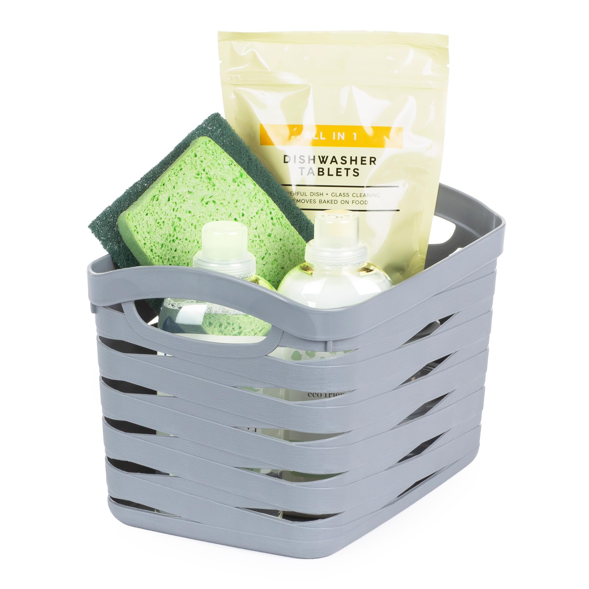Livivo Grey Medium Plastic Storage Basket - Kaari - Weaved Bpa Free Organiser Box With Handles & Breathable Design - Multipurpose Home Storage Bin For Kitchen, Bathroom, Bedroom & Office (Medium, 13L)