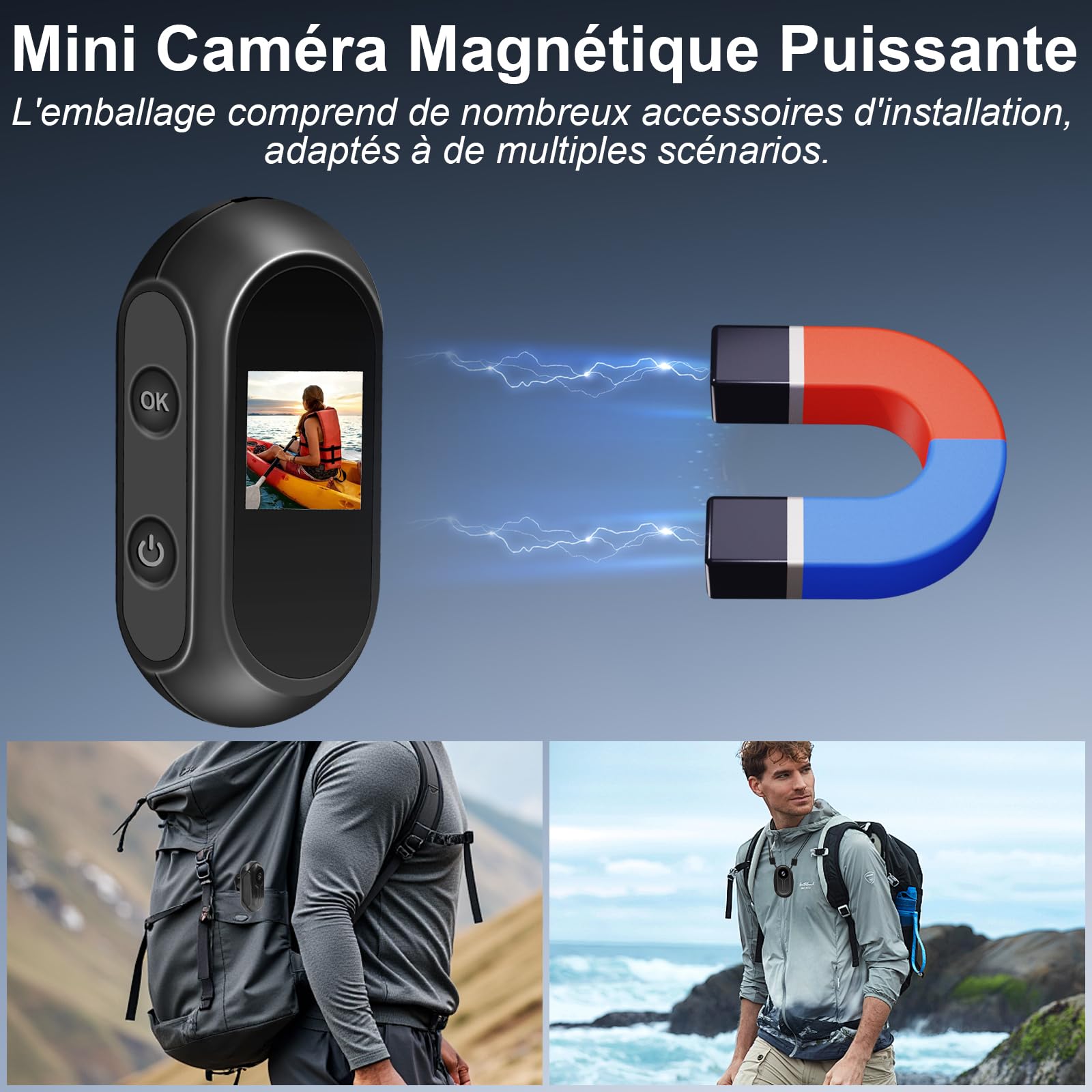 Caméra d'action, Caméra Vidéo d'action Magnétique, Mini Caméra Corporelle