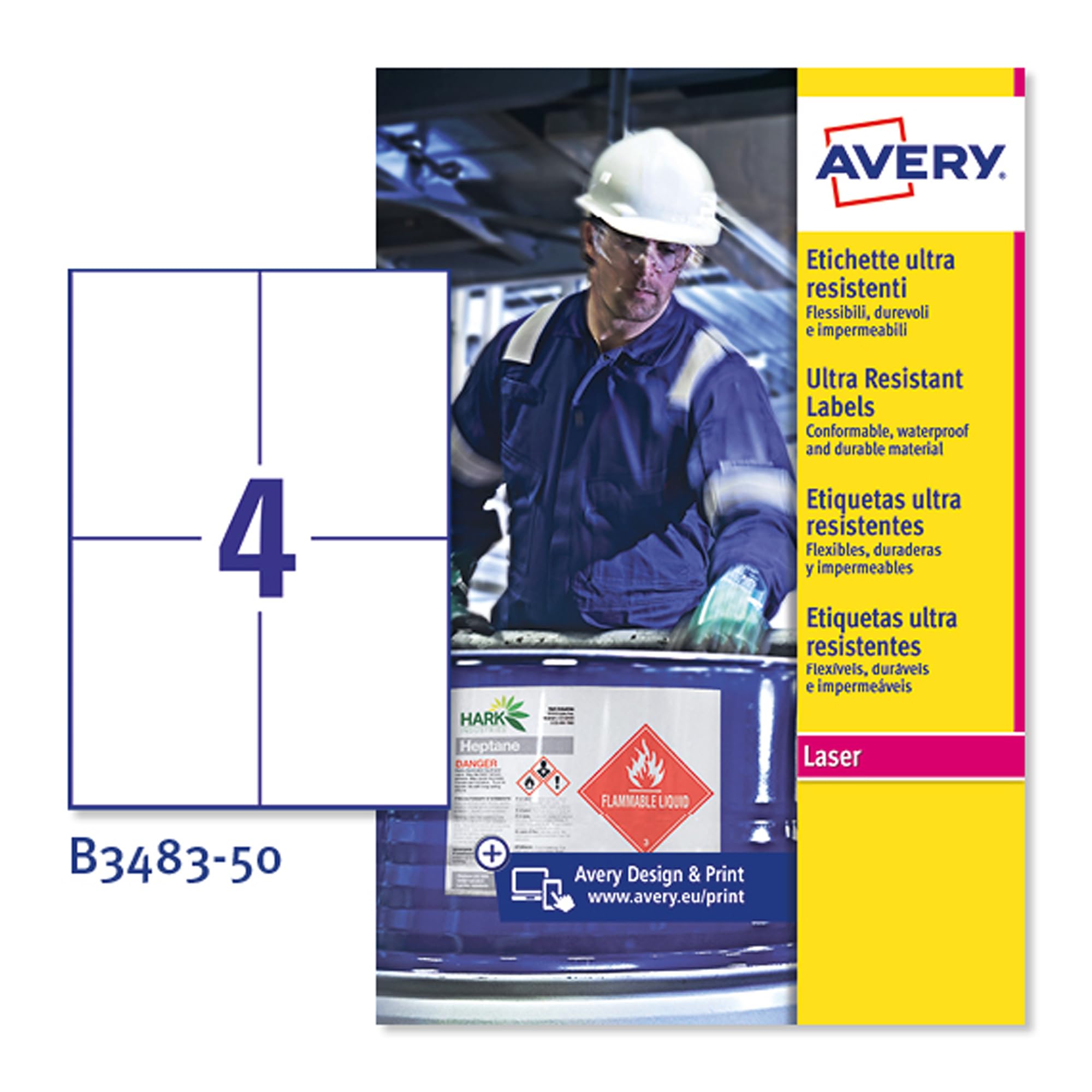 Avery B3483-50 Ultra Resistant Labels 50 sheets - 4 Labels per Sheet