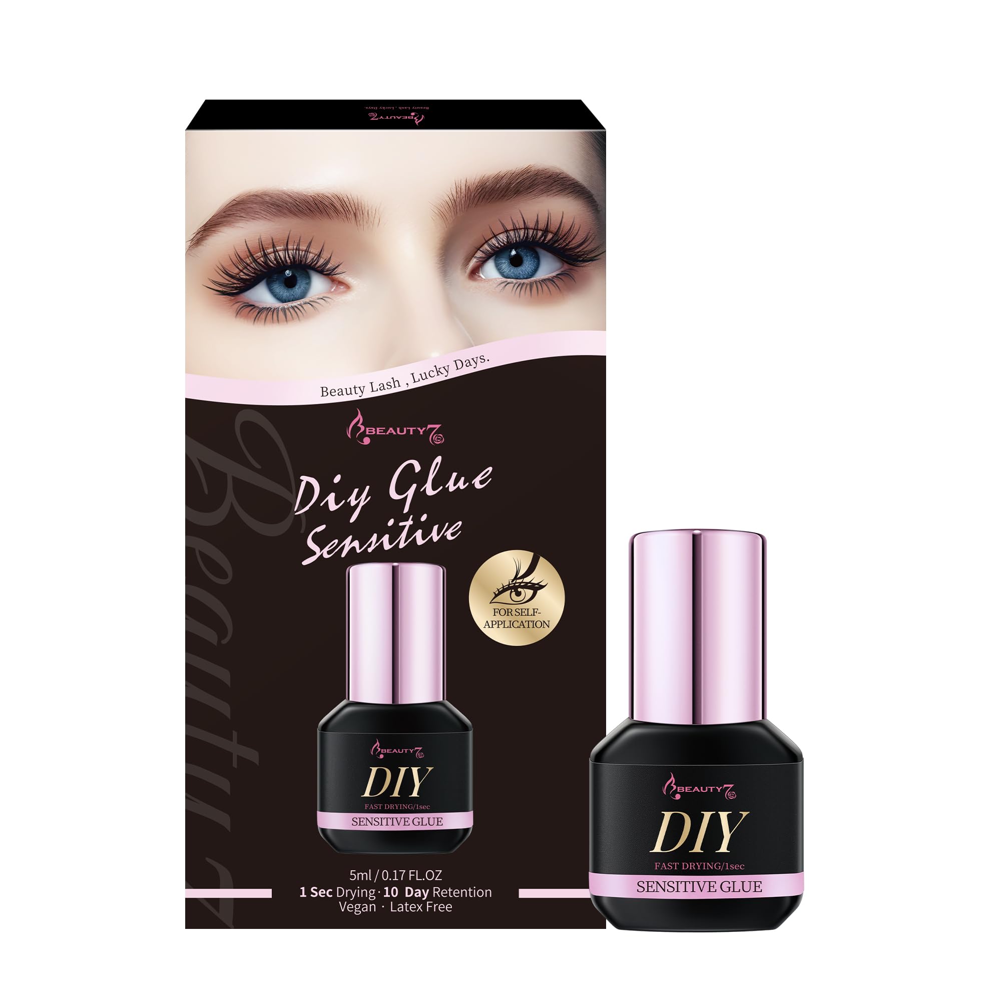 Eyelash Extension Glue for Sensitive Eyes 5ml Hypoallergenic Lash Extension Glue 0.5-1 Sec Drying Time Extra Strong Lash, 10 Days Retention Extension Adhesive Self Application