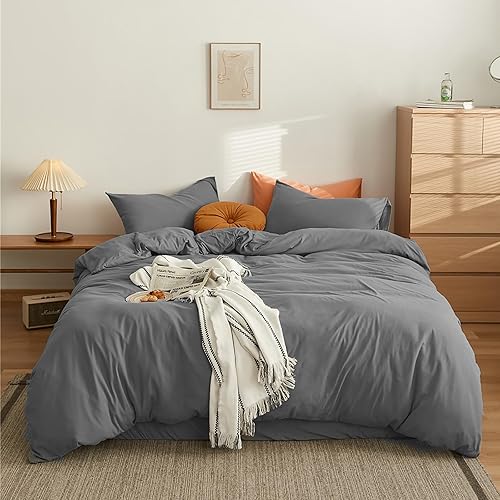 Miniatura 5 de Cottonight - Juego de edredón 3 piezas, unicolor, moderno, suave, transpirable, individual, gris oscuro 1-verde militar,1-café