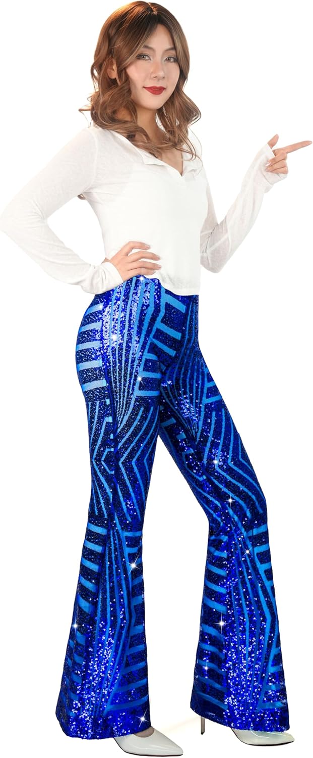 Nawgut Sequin Flare Pants Sparkly Glitter High Waisted Bell Bottom Trousers Disco Party Clubwear for Women - Image 4