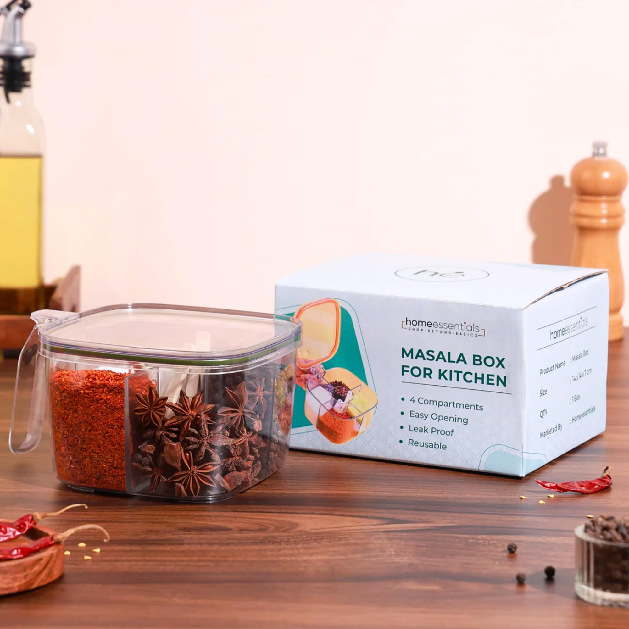 HomeEssentials 4 Compartments Sealed Seasoning Box - Masala Box for Kitchen | Plastic spice container | Leak Proof And Reusable for Nuts, Grain And Spices, Kitchen Organizers And Storage (Pack of 1)