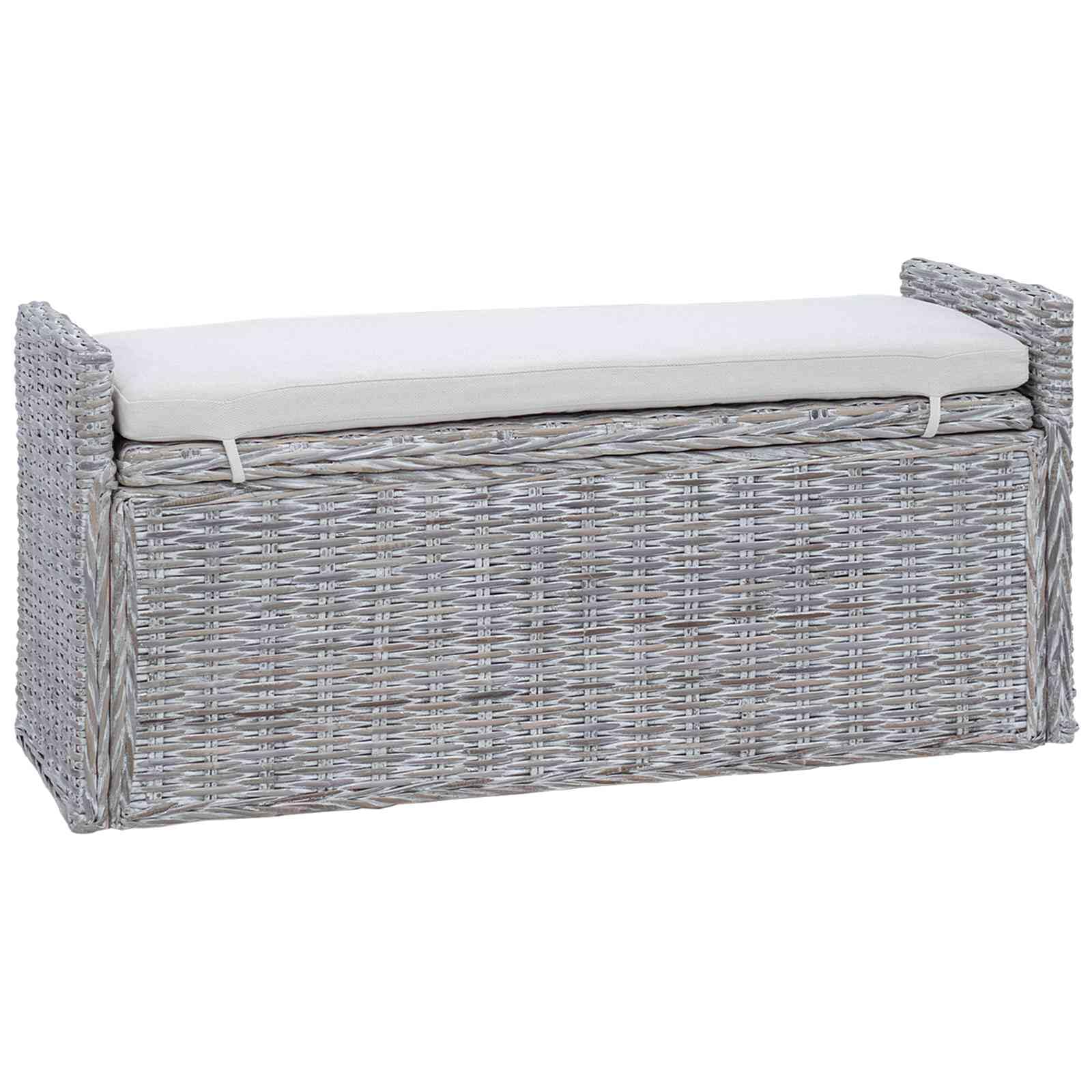 vidaXL Panchina con Contenitore Bianco Lavato 110 x 40 x 50 cm Rattan, Panca portaoggetti per Salotto, Sgabello Rettangolare Moderno, Compatto per Ingresso o corridoio