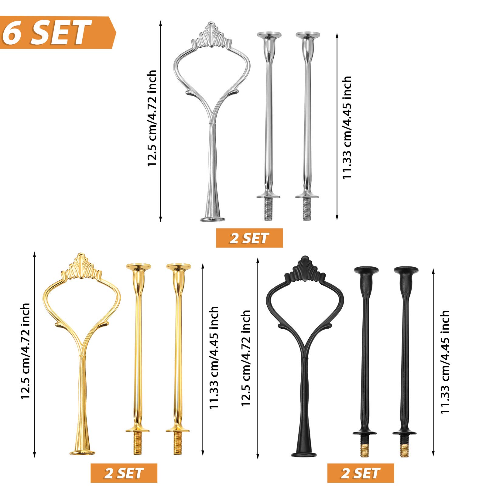 3 Tier Cupcake Stand Fittings Cake Stand Hardware Kit Heavy Metal Cake Stand Holder for Dessert Serving Trays Support Rod, Tiered Resin Plates, Crafts Making and Decoration(Black, Silver, Gold,6 Sets)