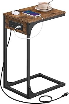 VASAGLE C-Shaped Side Table, End Table with Charging Station, C Table for Couch, Sofa, Adjustable Feet, for Bedroom, Living Room, 2 USB Ports and Outlets, Rustic Brown ULET362K01