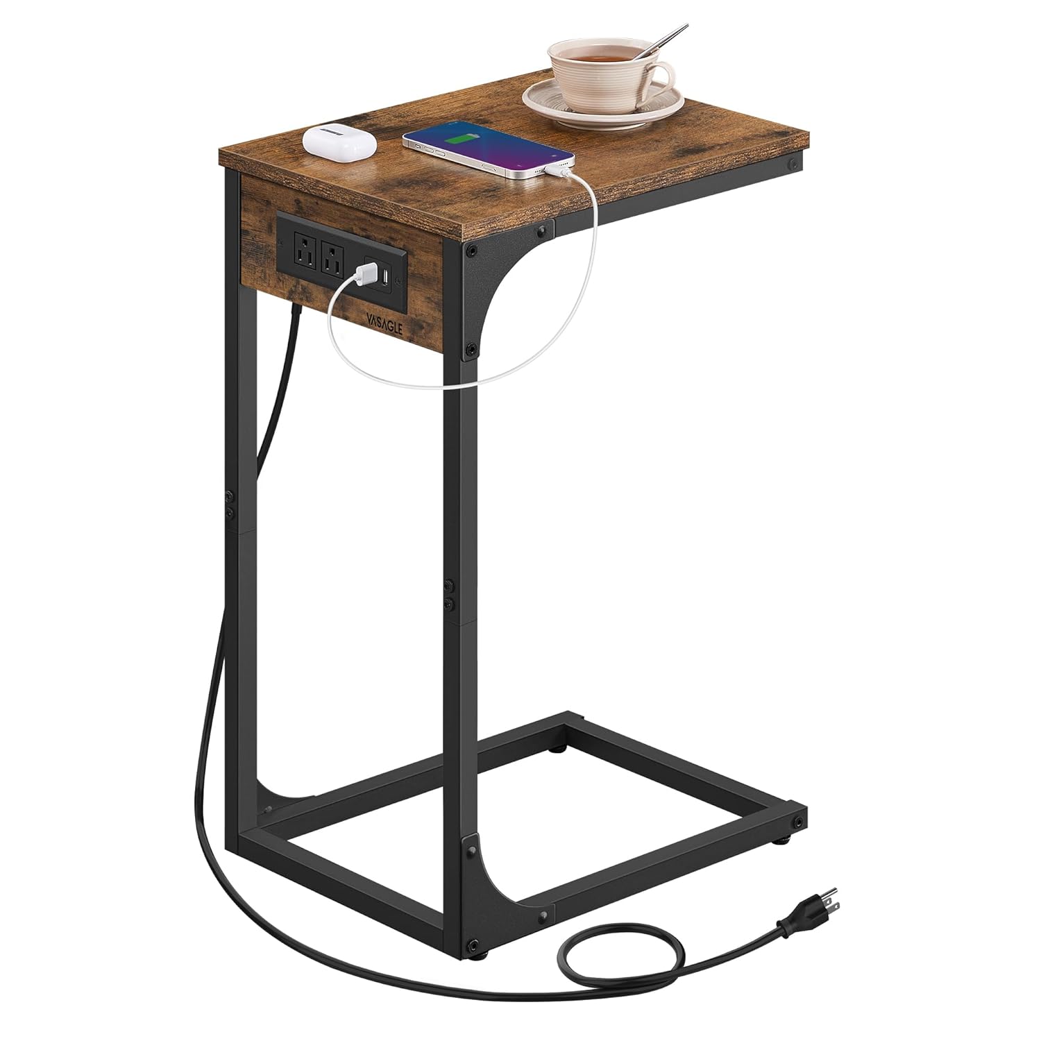 VASAGLE C-Shaped Side Table End Table with Charging Station C Table for Couch Sofa Adjustable Feet for Bedroom