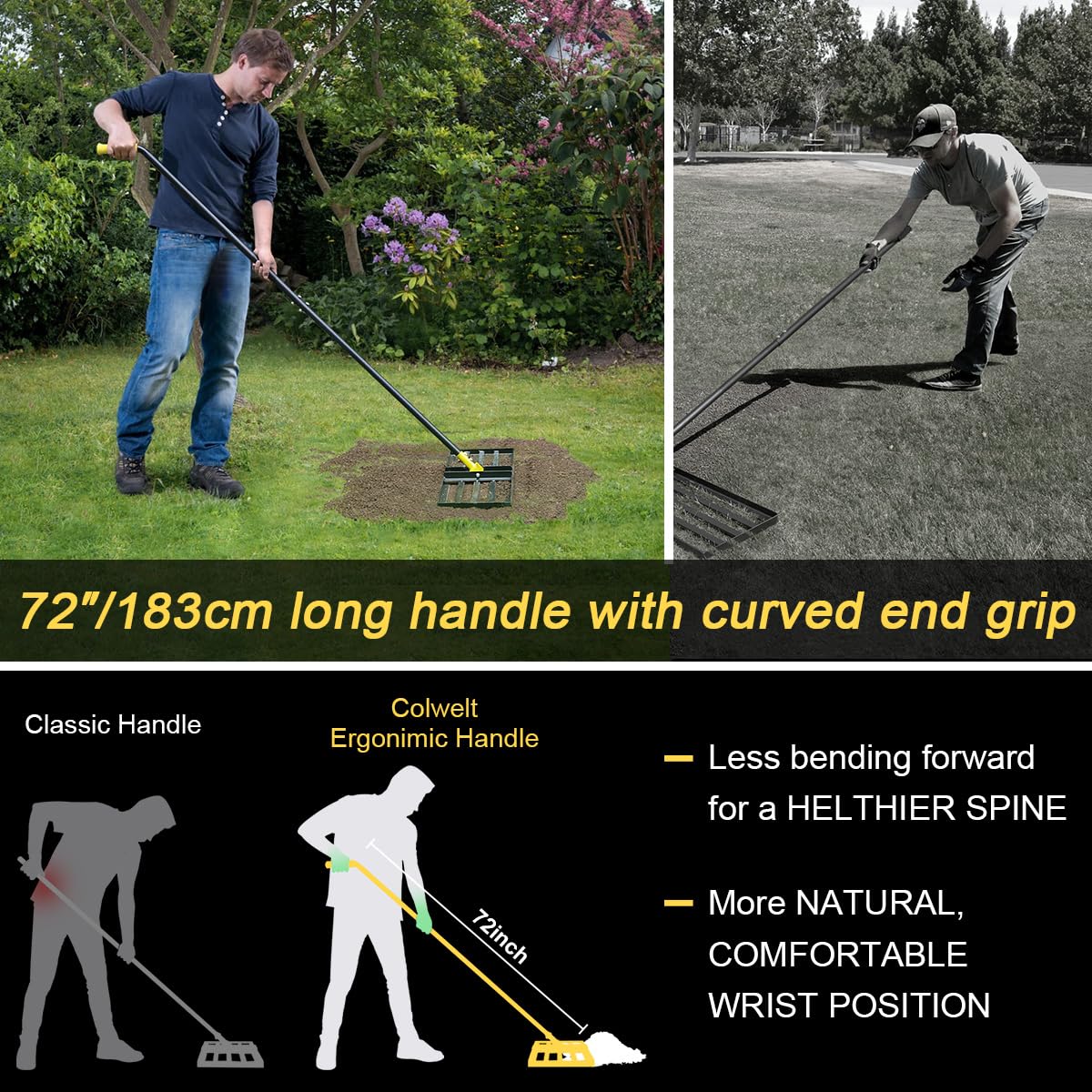 Colwelt Rasen-Nivellierungsrechen 80cm, Rasennivellierwerkzeug für mit 183cm ergonomischem Griff mit gebogenem Ende, Nivellierungswerkzeug zum Einebnen von Boden, Rasen Nivellierrechen für Hofrasen