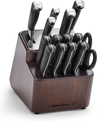 Calphalon Premier SharpIN - Juego de cuchillos con bloque de cuchillos de afilar, juego de cuchillos de cocina de acero al carbono de 15 piezas