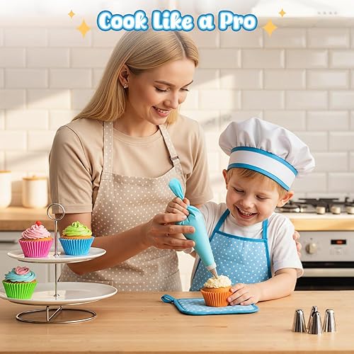 Miniatura 5 de LovesTown Juego de 32 piezas para hornear para niños, disfraz de chef con sombrero de chef, delantal, accesorios de cocina para cumpleaños,