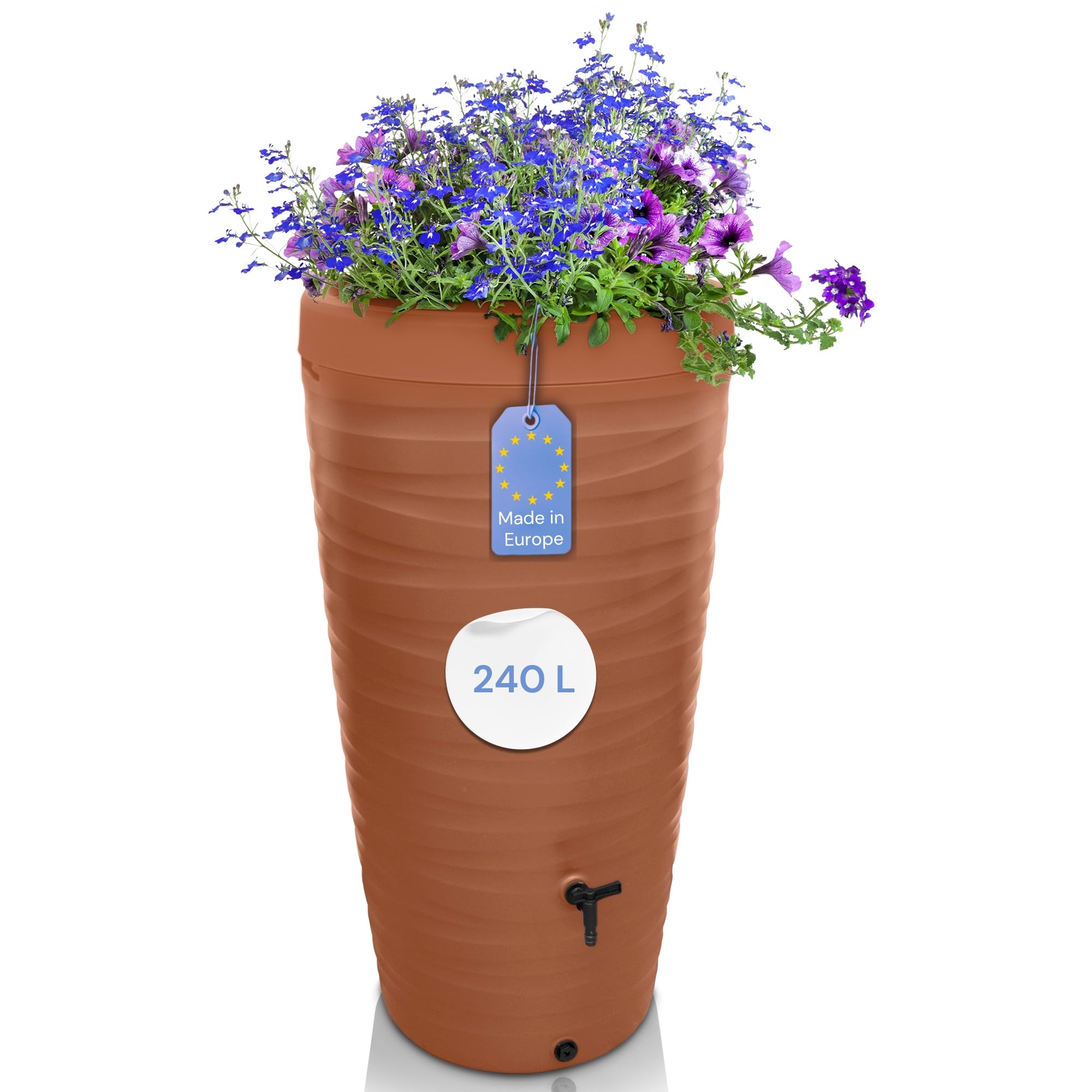YourCasa Regentonne 240 Liter [Wave Design] Regenfass Frostsicher aus Kunststoff - Regenwassertonne mit Wasserhahn - Regenwassertank Garten Regenwassersammler Wasserfass Regentonne schmal (Terracotta)