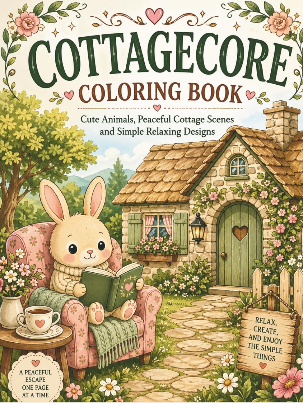 Cottagecore Coloring Book for Adults and Teens: Cute Animals, Peaceful Cottage Scenes and Simple Relaxing Designs