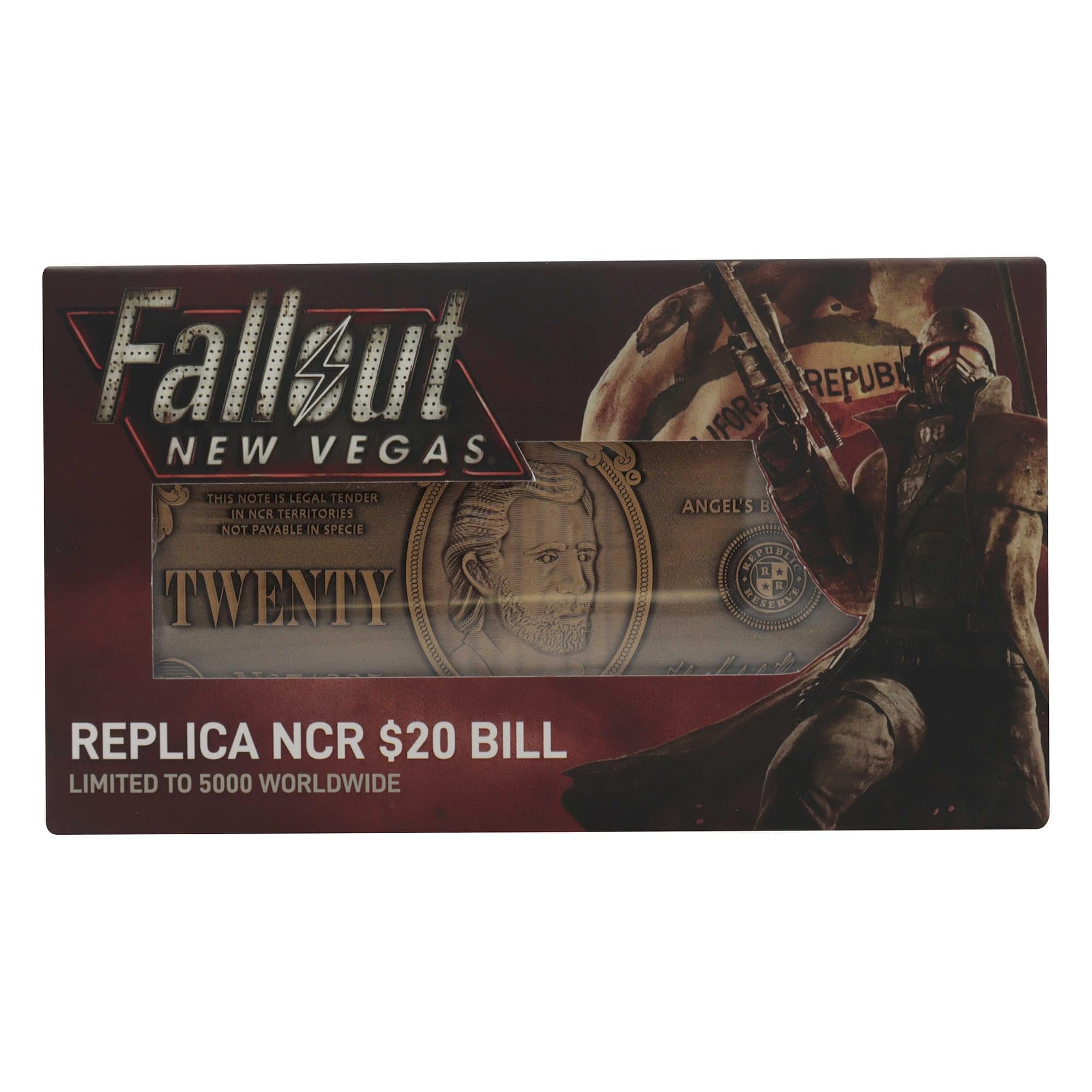 FaNaTtik Fallout: New Vegas NCR $20 Metal Replica In-World Bill - Edizione limitata in metallo da collezione, numerata, espositore incluso
