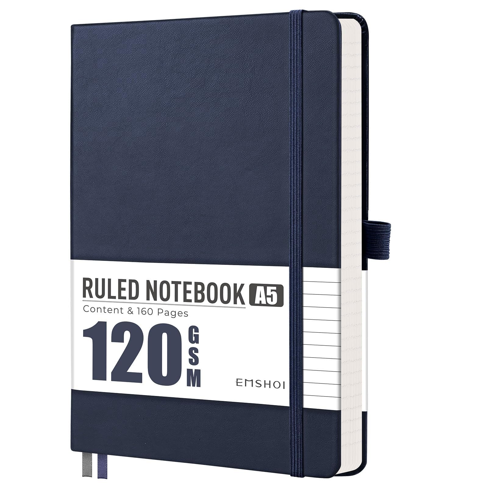 EMSHOI A5 Notebook Lined Journal - 120 GSM Paper Hardcover Notebook for Work, 160 Pages College Ruled Notebook, Leather Writing Journal for Women, Men, Work, School, 14.5 X 21 cm - Navy Blue
