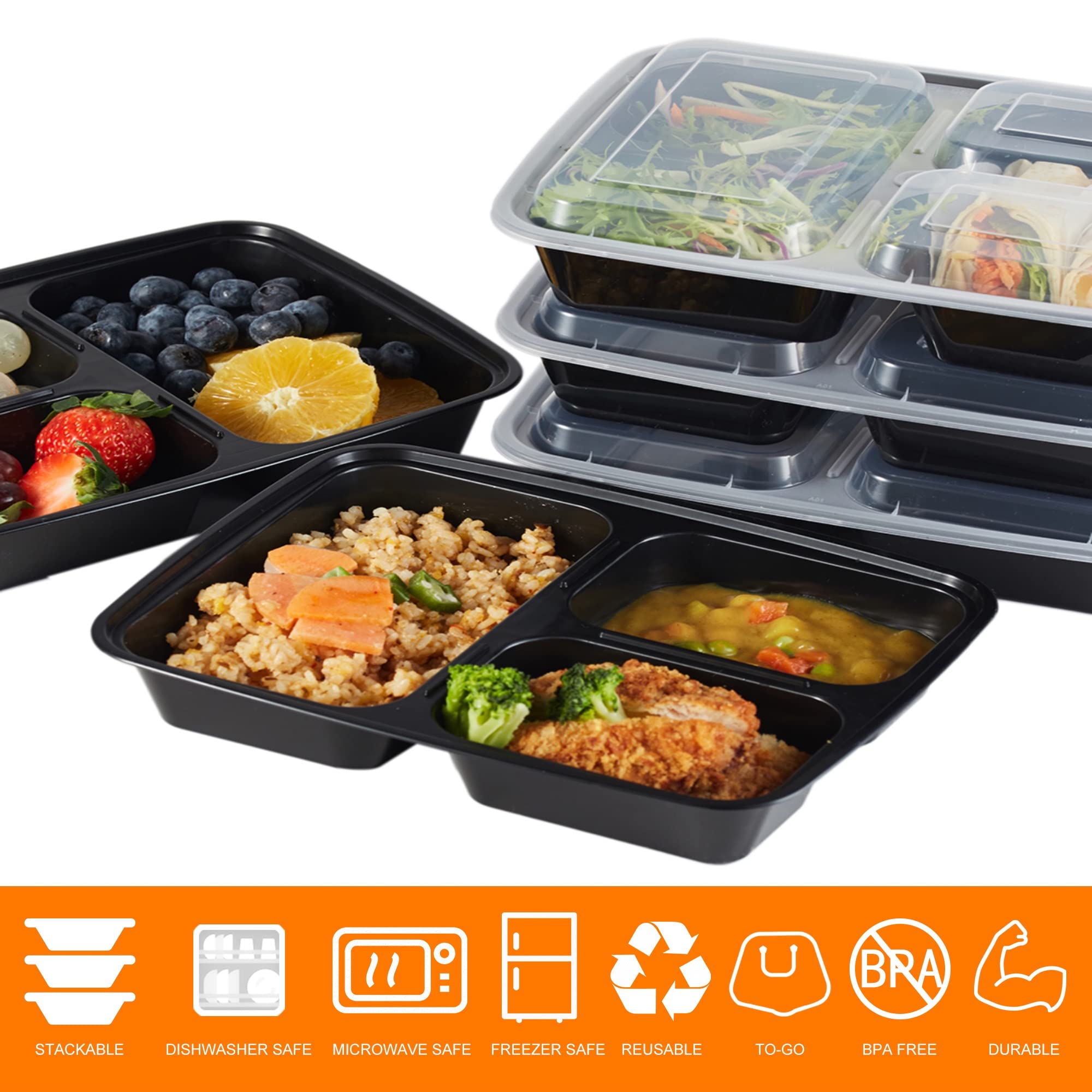 Nutribox [15 pack] 32oz 3 Compartment Meal Prep Containers with Lids