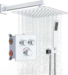 Comprar Rainsworth Sistema de ducha empotrado con termostato de 38 ℃ cromo, flujo de agua ajustable, juego de grifo de ducha empotrado con ducha de lluvia de 30 x 30 cm, juego de ducha con ducha de mano,
