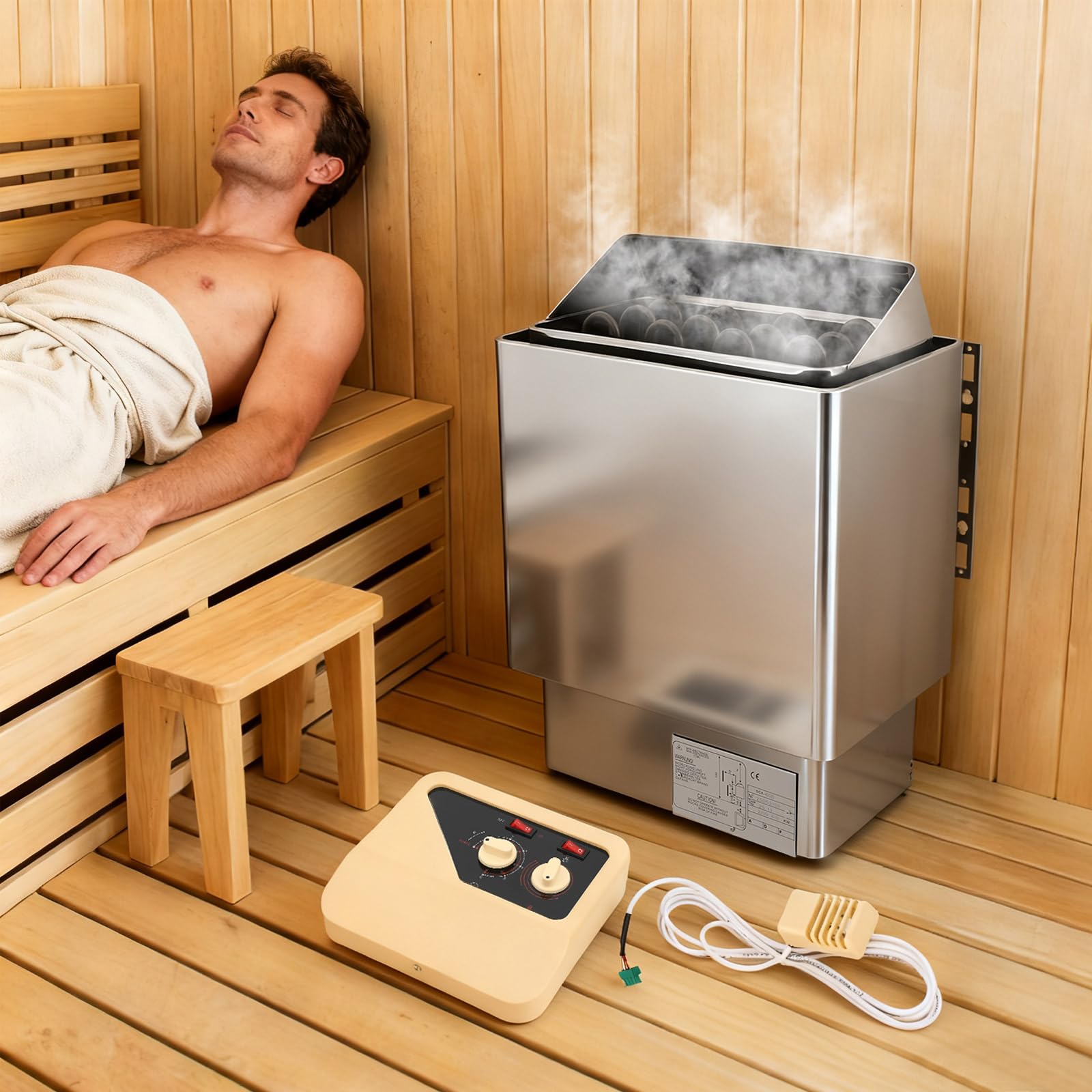 Estufa eléctrica para sauna de 6 kW para interior y exterior con control externo, temporizador de 3 horas, control de temperatura 0° – 120 °C, apto para 6 – 8 m³, ideal para uso comercial y privado