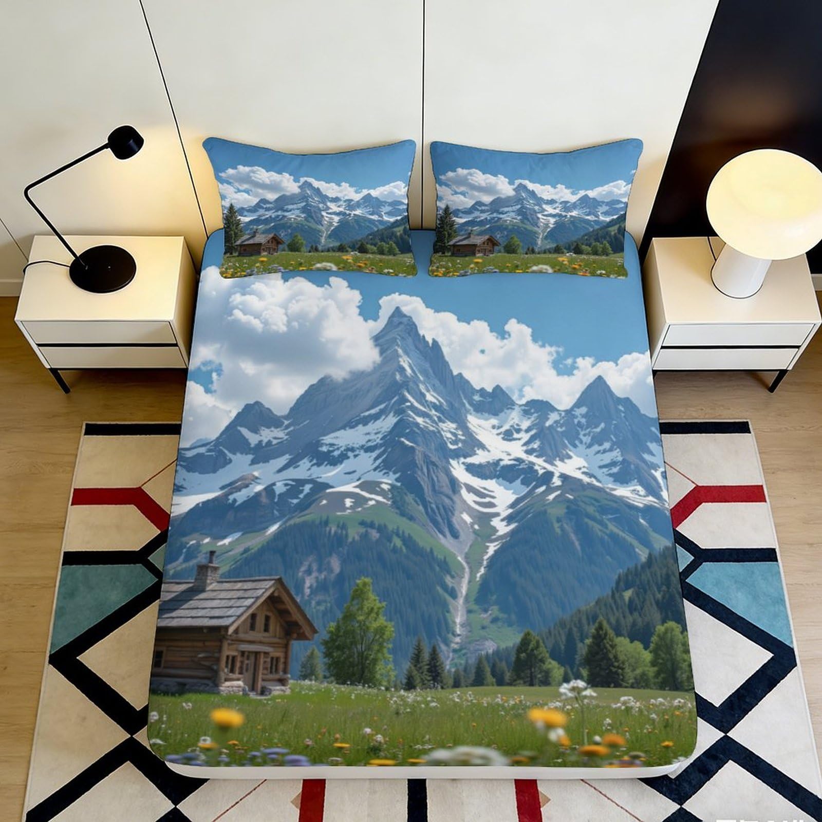 3D Printed Mountain Landscape Fitted Sheet Microfiber Soft Scenic Village Bed Cover for Bedroom Guest Room Decor 90x200x25cm