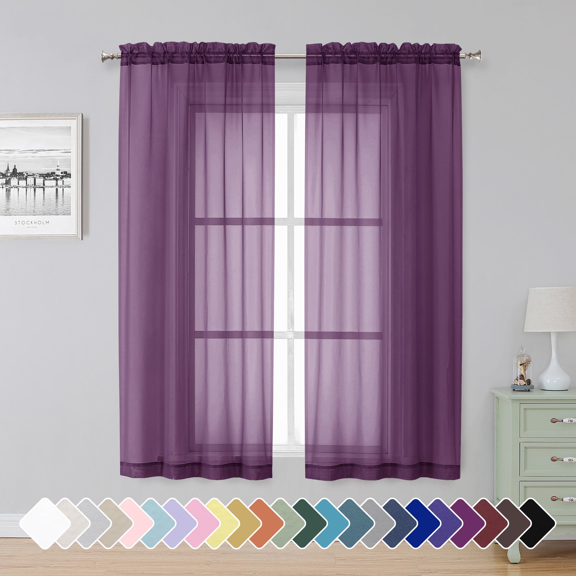 Simplebrand Plum Sheer Curtains 63 Inch Length 2 Panels for Bedroom