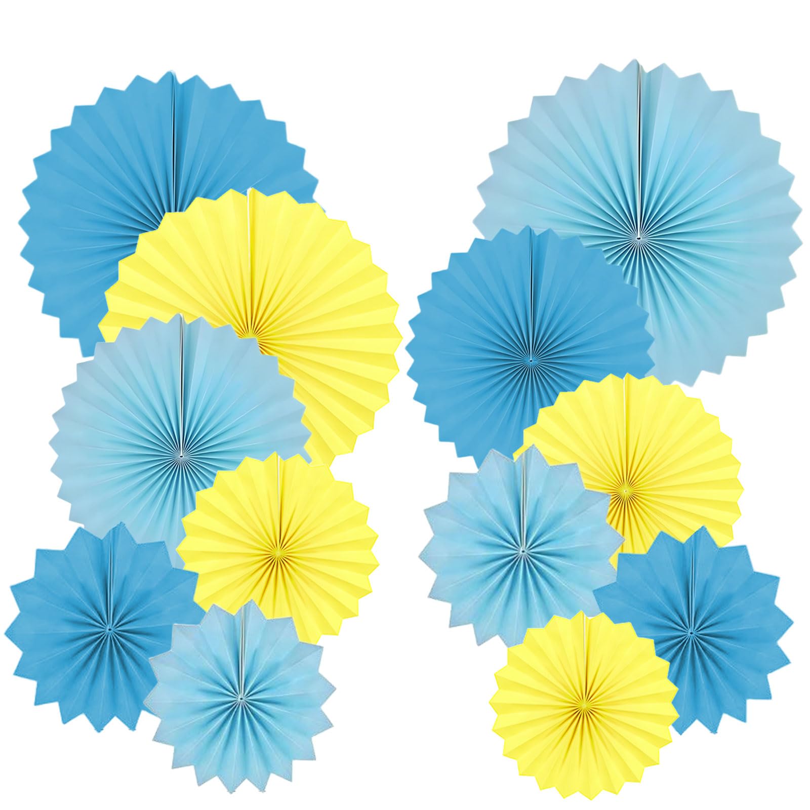 Vsosfiza Papier-Rundfächer Partydekoration - Blau/Gelb - 12er Set (20/25/30/35 cm) für Karneval, Sportfeste & Abschlussfeiern