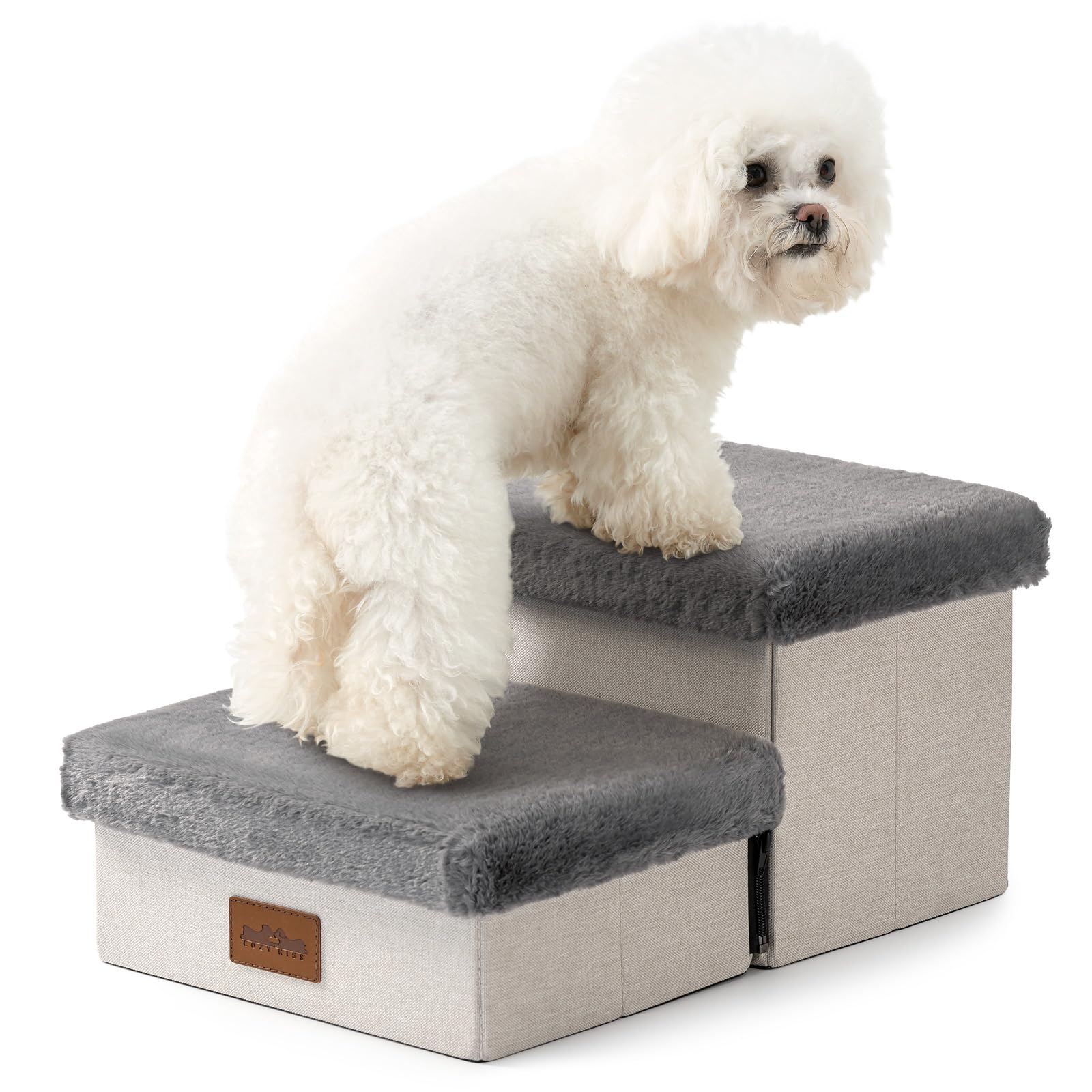 Dog Stairs for Small Dogs, Pet Stairs with Storage and Adjustable Steps for High Beds and Couch, Pet Ramp for Small Dogs and Cats, 2-Step Grey