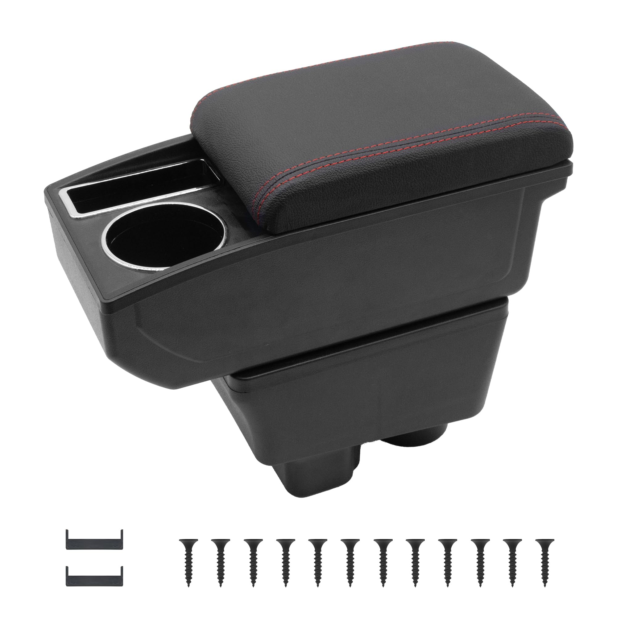 Auto Armlehnen für Skoda Fabia 2 2008-2014 Mittelkonsolen für Kfz Doppelter Stauraum mit Getränkehalter Einfache Montage Bequemes und strapazierfähiges Leder Schwarz (Rote Linie)