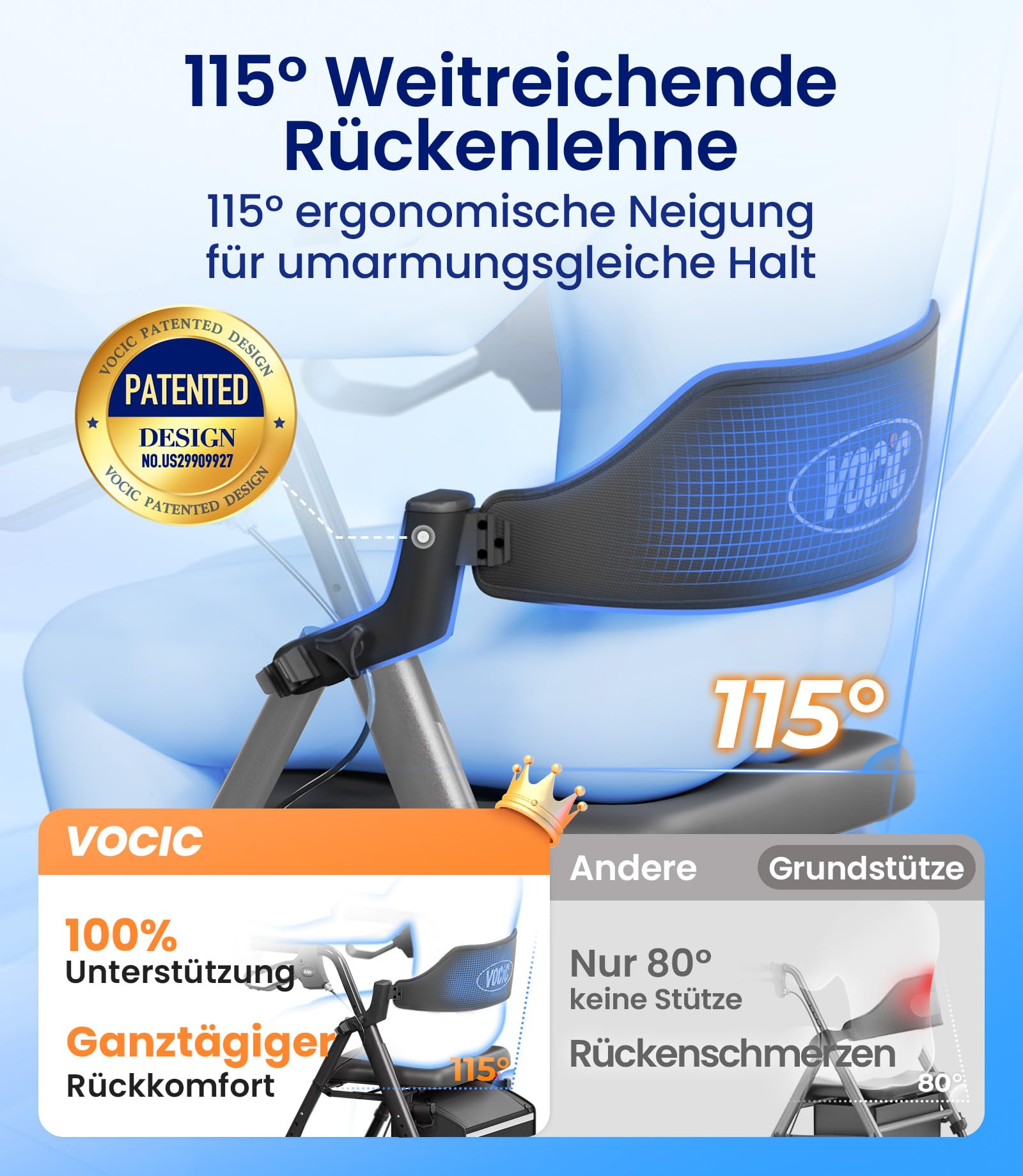 VOCIC Rollator Faltbar und Leicht mit Sitz,Rollatoren Schmal für Wohnung,Rollatoren für Senioren Klappbar mit 20cm Reifen für All Gelände,Sitz und Griff Höhenverstellbar,5 Jahre Support|Schwarz