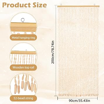 Gugxiom Bamboo Beaded Door Curtain, 90x200cm Beaded Curtain, 52 Strands Retro Bamboo Curtains for Doorways Room Partition (Bamboo color)