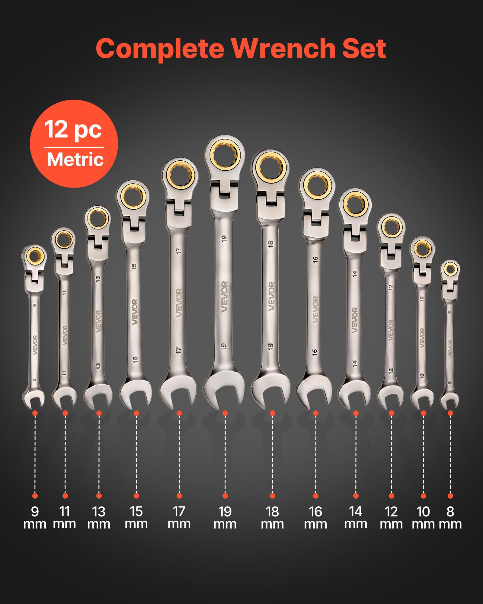 VEVOR Jeu de Clés Mixtes 12PCs, Clé Plate à Cliquet Flexible Métrique de 8 à 19 mm, pour Réparation Domestique et Automobile, Extrémité Fourche, 72 Dents, en Acier Cr-V, avec Trousse Enroulable