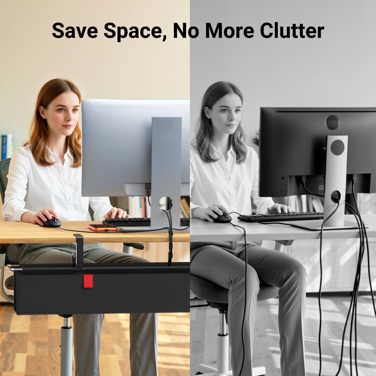 Housolution Plateau de Gestion de Câbles sous Bureau 36", Organisateur de Câbles en Tissu Premium, Plateau de Rangement sans Percage, Fixation par Serre-joint/Vis, pour Bureau et Maison, Noir