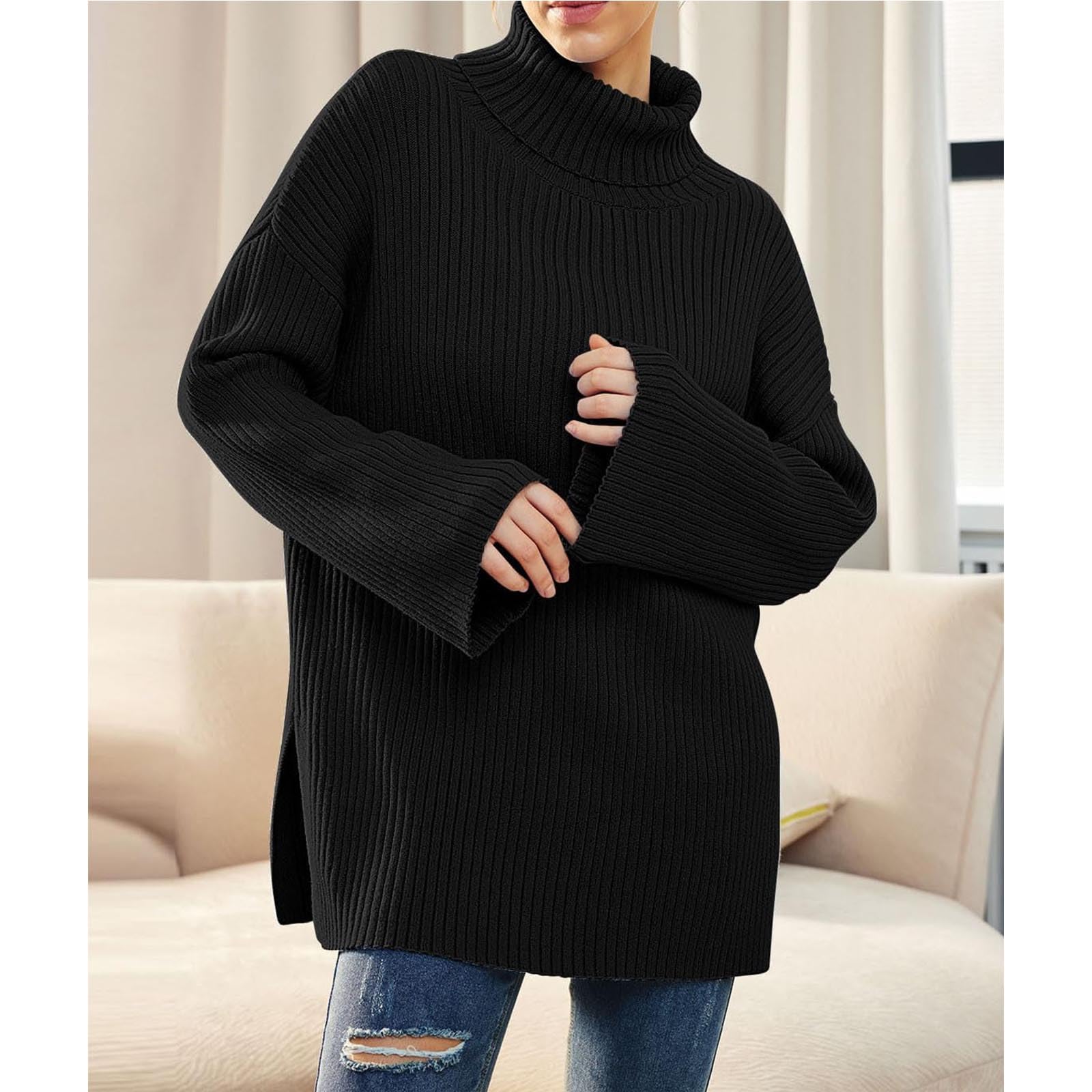 Greabuy Maglione a collo alto oversize alla moda da donna maglione a costine felpa per donna maglione casual camicie da donna maglioni da donna felpe leggere in maglia, Verde militare, L