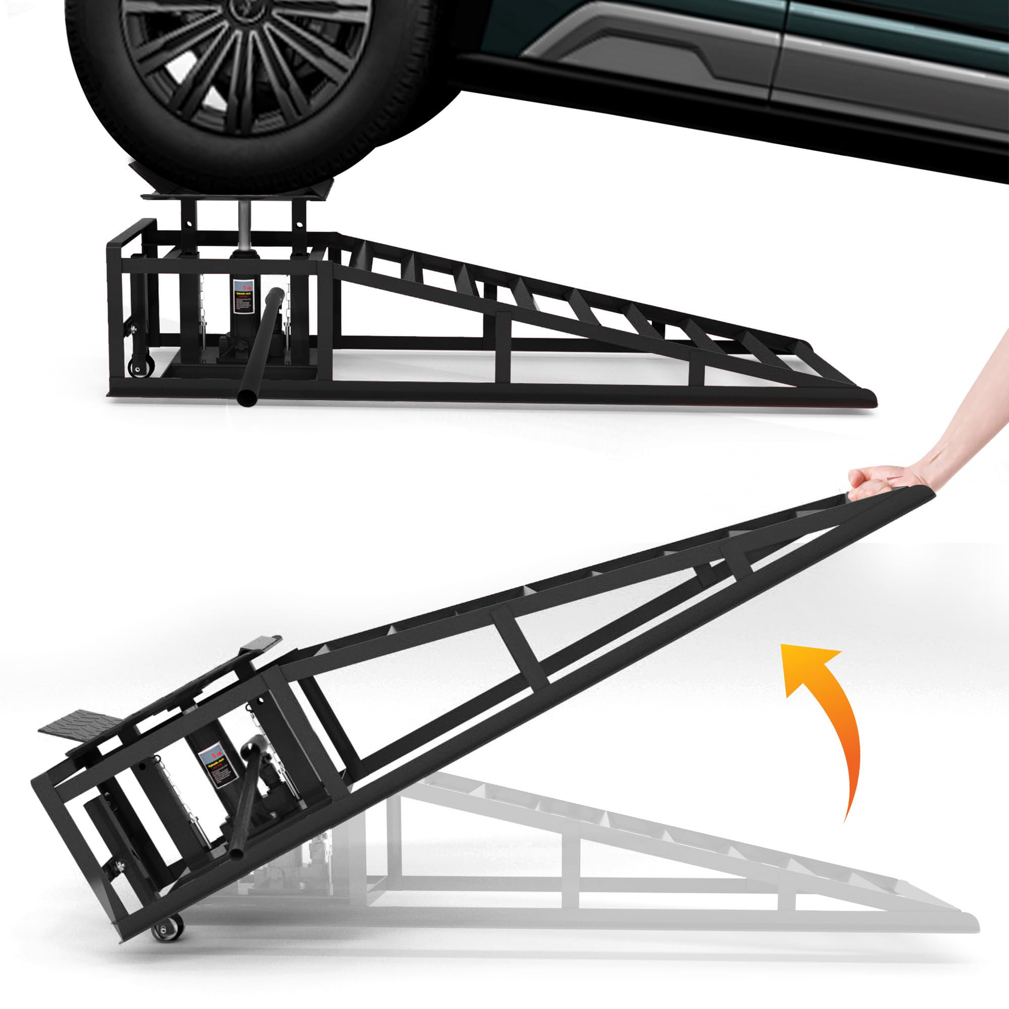 Juego de 2 rampas para coche con gato hidráulico y ruedas, capacidad de carga 5T (5000 kg), altura regulable 23 – 36 cm, plataforma elevadora para cambio de aceite y garaje, rampas de gato portátil